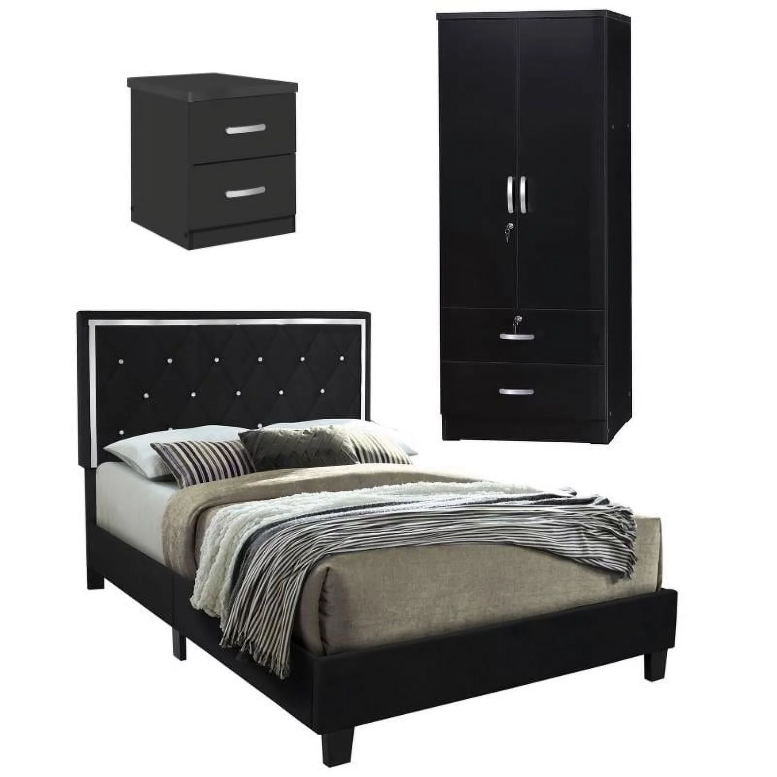 Home Square 3-Piece Set with Queen Bed Wardrobe Armoire & 2-Drawer Nightstand