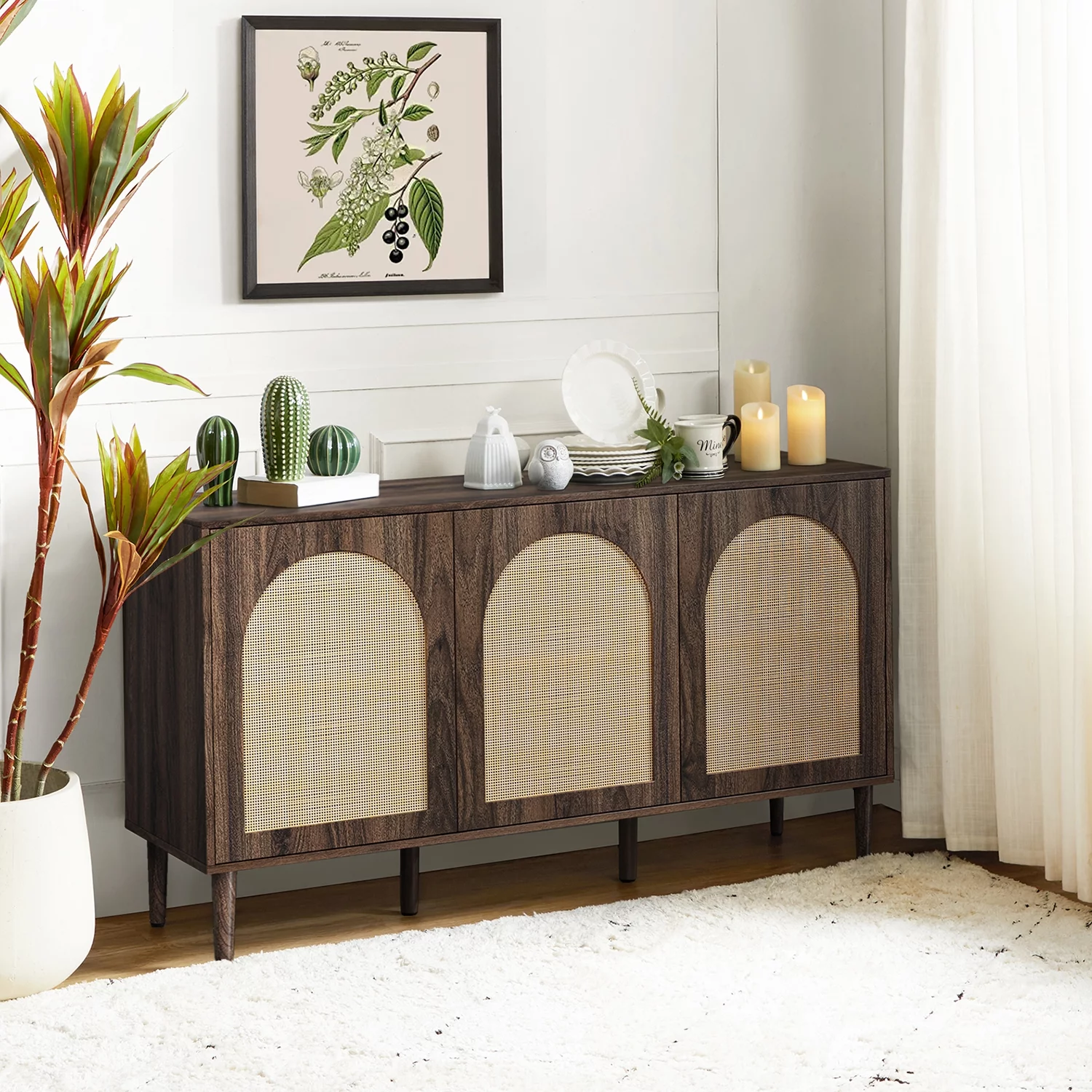 56'' Wood Rattan Arched 3 Doors Sideboard Buffet Cabinet Storage Credenza TV Stand Dining Metal Legs Home Kitchen Living Room Walnut