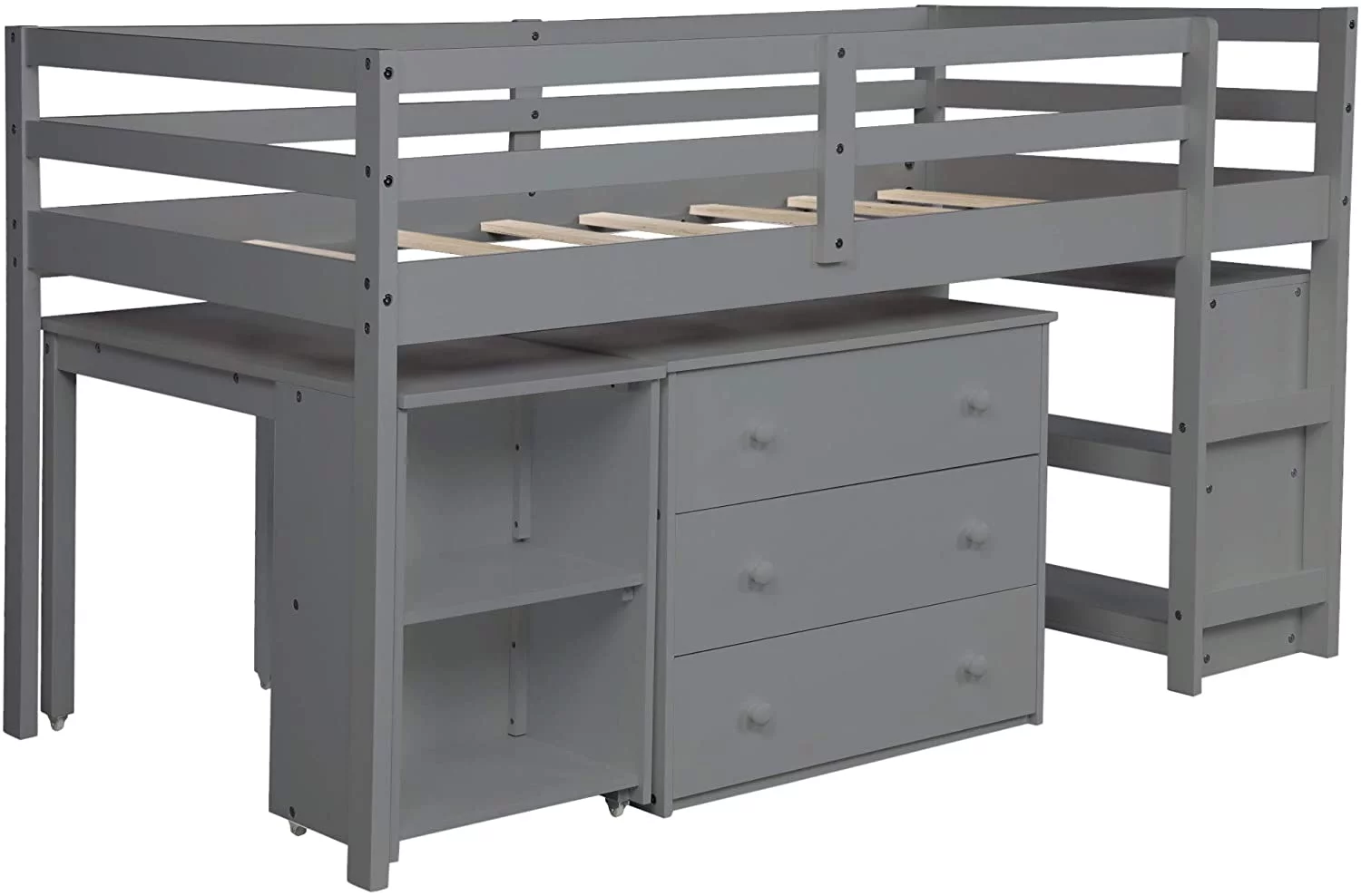 CHURANTY Solid Wood Twin Low Loft Bed with Desk and Storage Drawers Cabinet Rolling Portable Desk