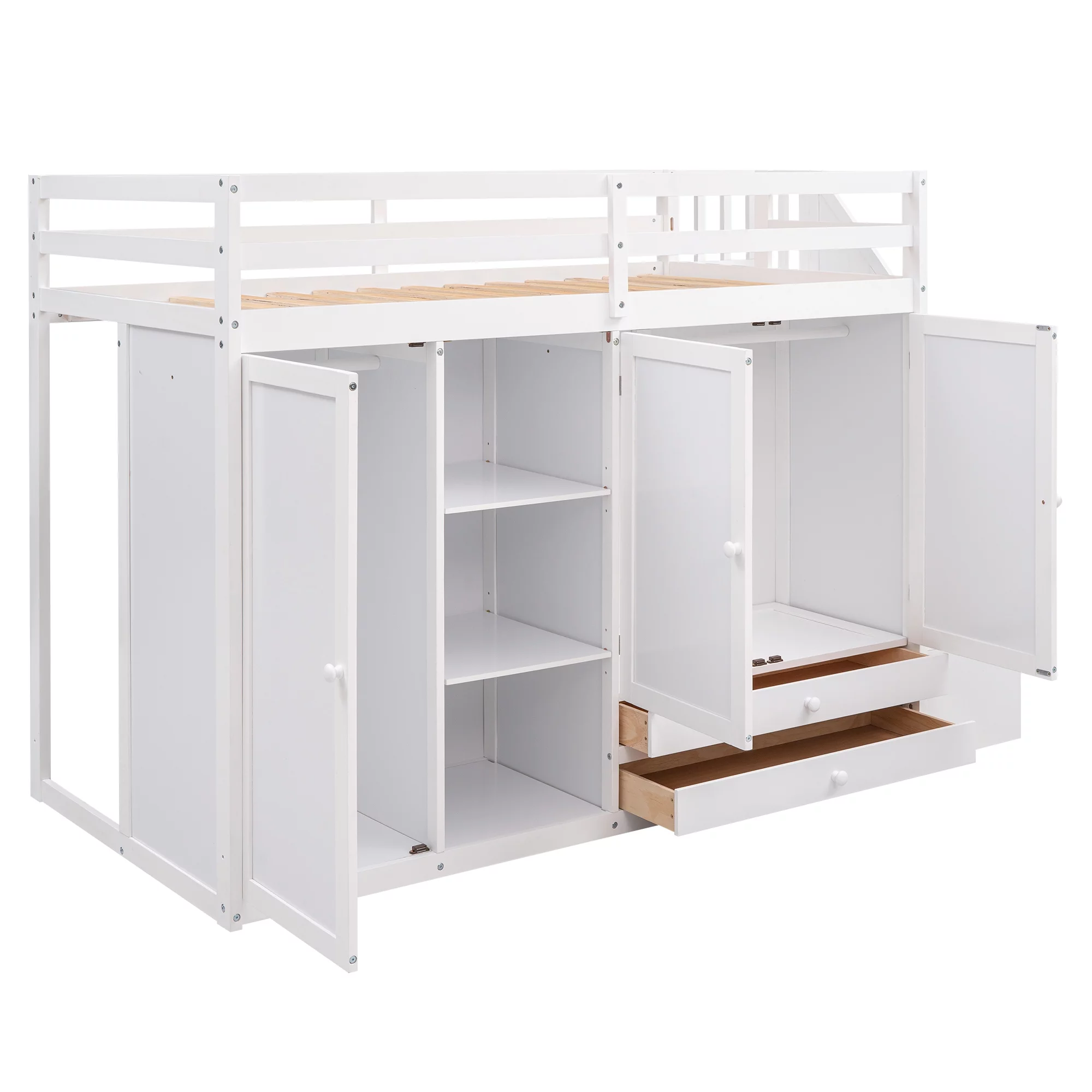 Functional Twin Wood Loft Bed with 3 Shelves, 2 Wardrobes and 2 Drawers, Ladder with Storage, Staircase, Loft Bed with Shelves, Loft Twin Bed for Teenagers, Multiple Functions Bed(White)