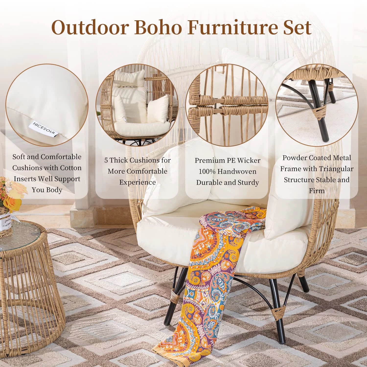 NICESOUL Outdoor Patio Lounge Chair Boho Stationary Wicker Yellow Egg Chair for Indoor Living Room 440lb