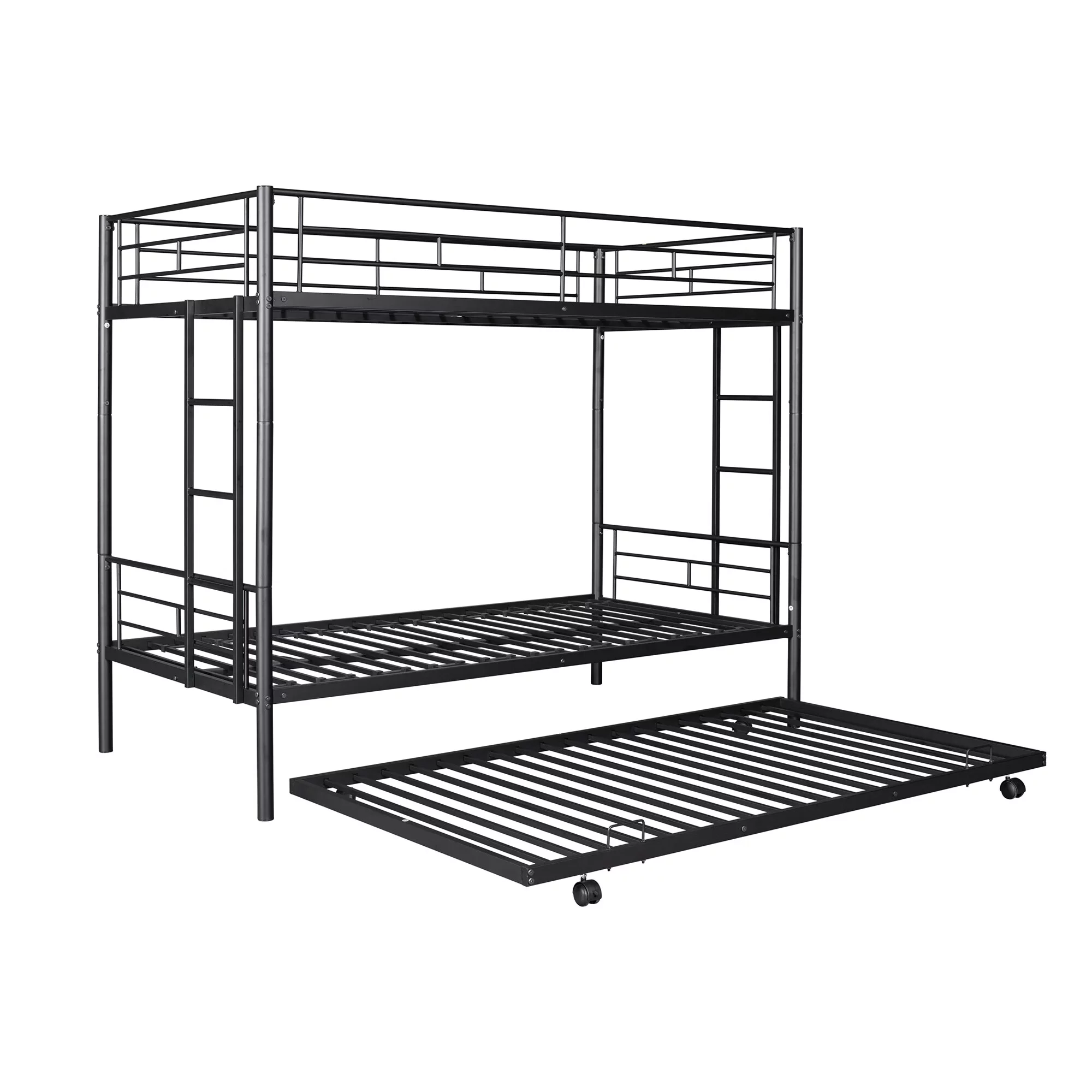 GNIXUU Metal Twin over Twin Bunk Beds with Trundle Bed for Kids Bedroom, Metal Twin Bunk Bed Frame with Safety Guardrail & 2 Ladders, Black