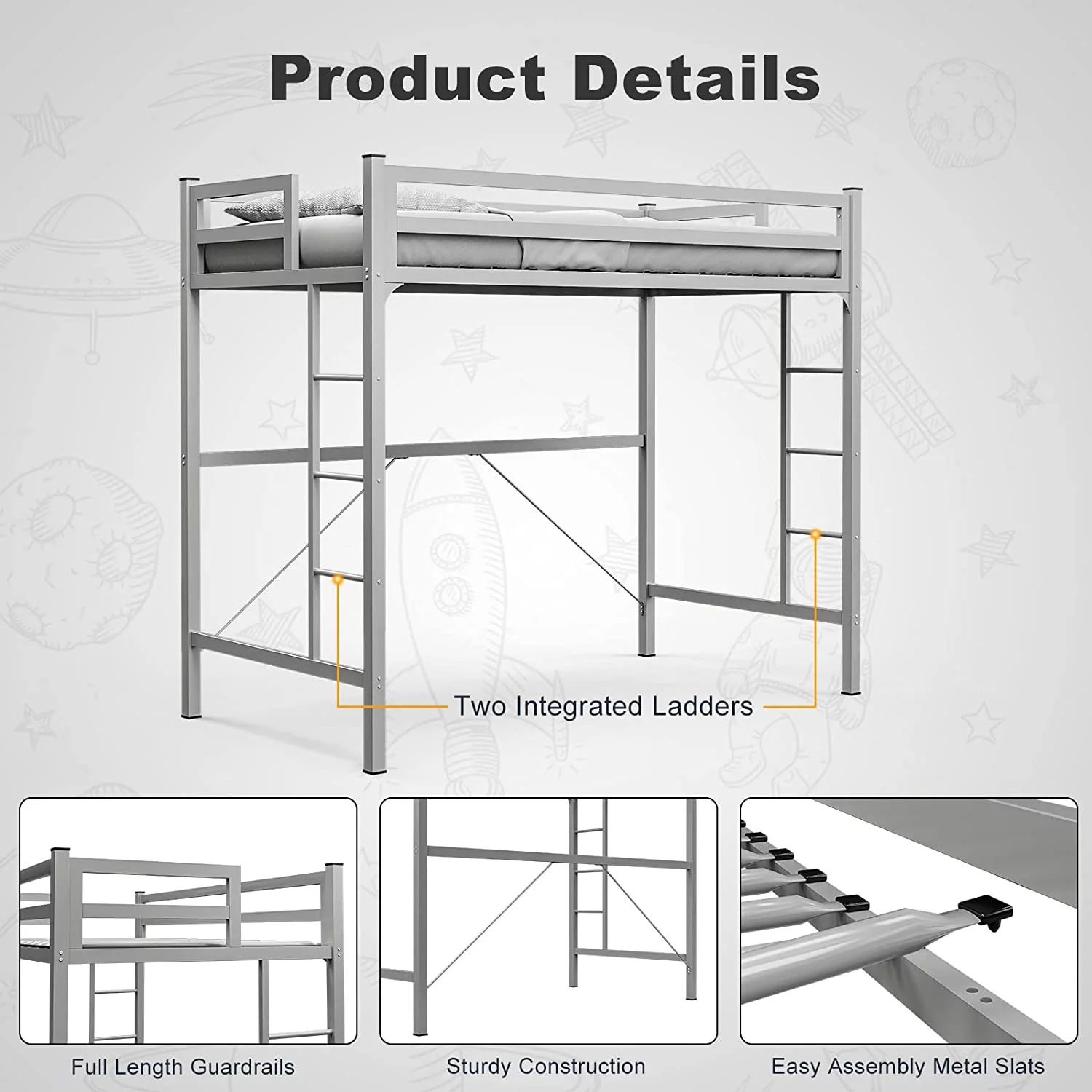 IKIFLY Metal Twin Size Loft Bed Frame - Heavy Duty Junior Loft Beds with 2 Ladders & Safety Guard Rail, Space-Saving, Noise Free, for Kids / Adults / Teens - Silver Grey