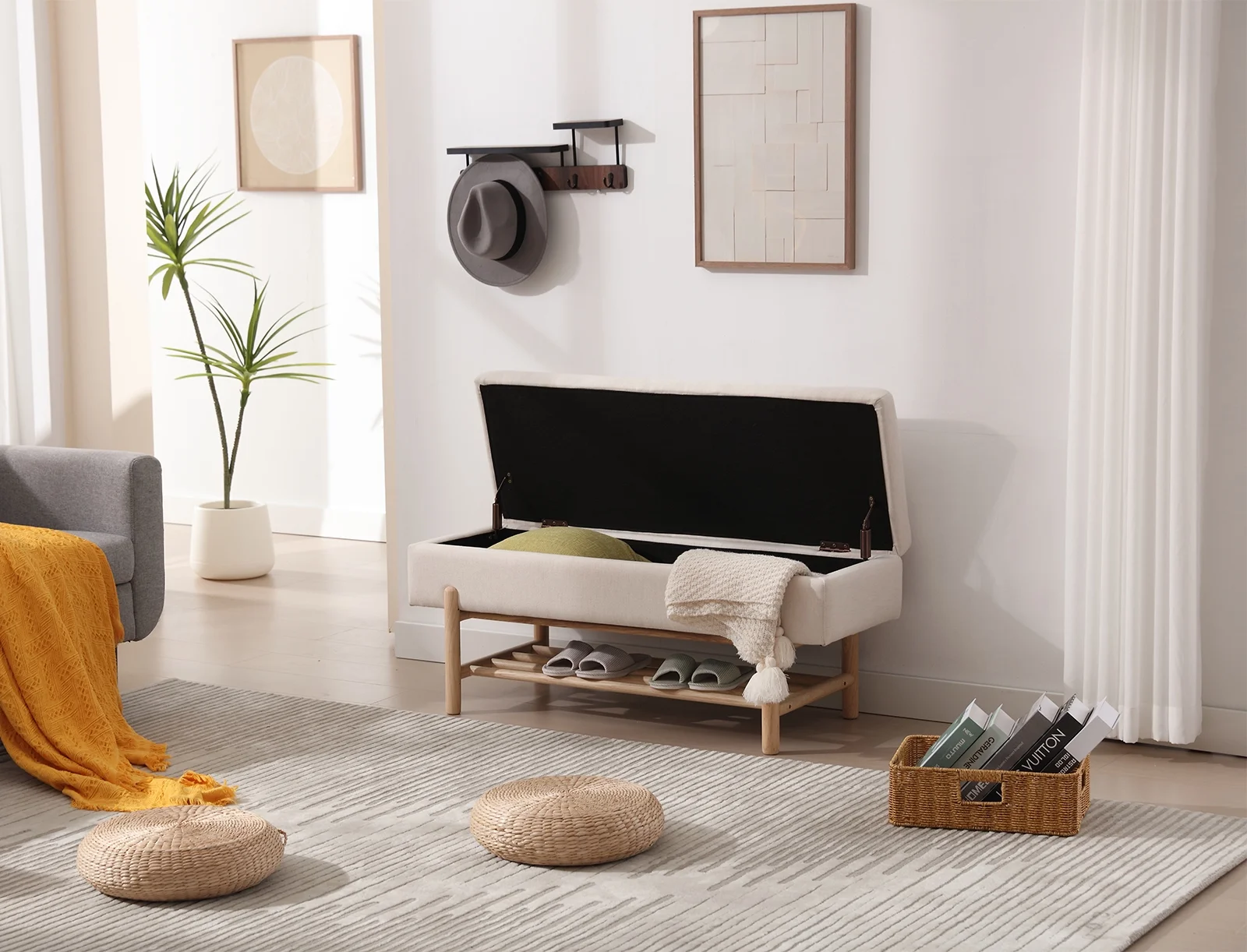Dayalane Entryway Storage Bench, Linen Upholstered End of Bed Ottoman Bench with Wooden Shoe Rack, Modern Long Bench for Bedroom Living Room Hallway Foyer, Beige