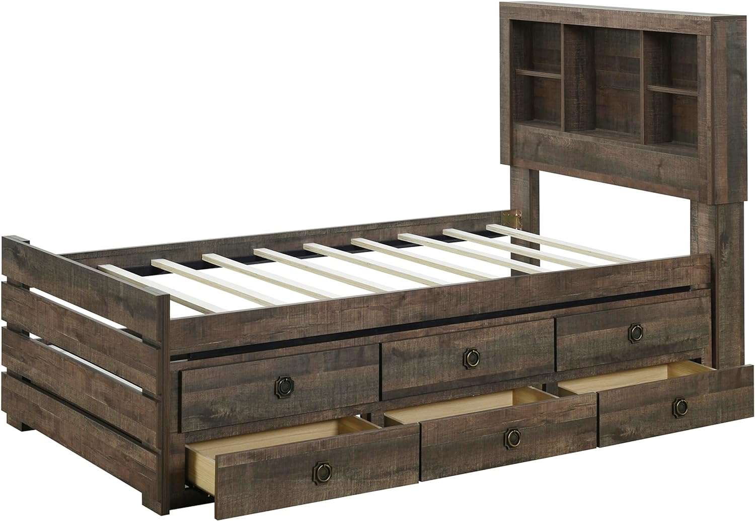 Farmhouse Style Twin Size Captain Platform Bed with Trundle,Wooden Bookcase Bedframe with 3 Spacious Under Bed Drawers in Casual for Bedroom/Guestroom
