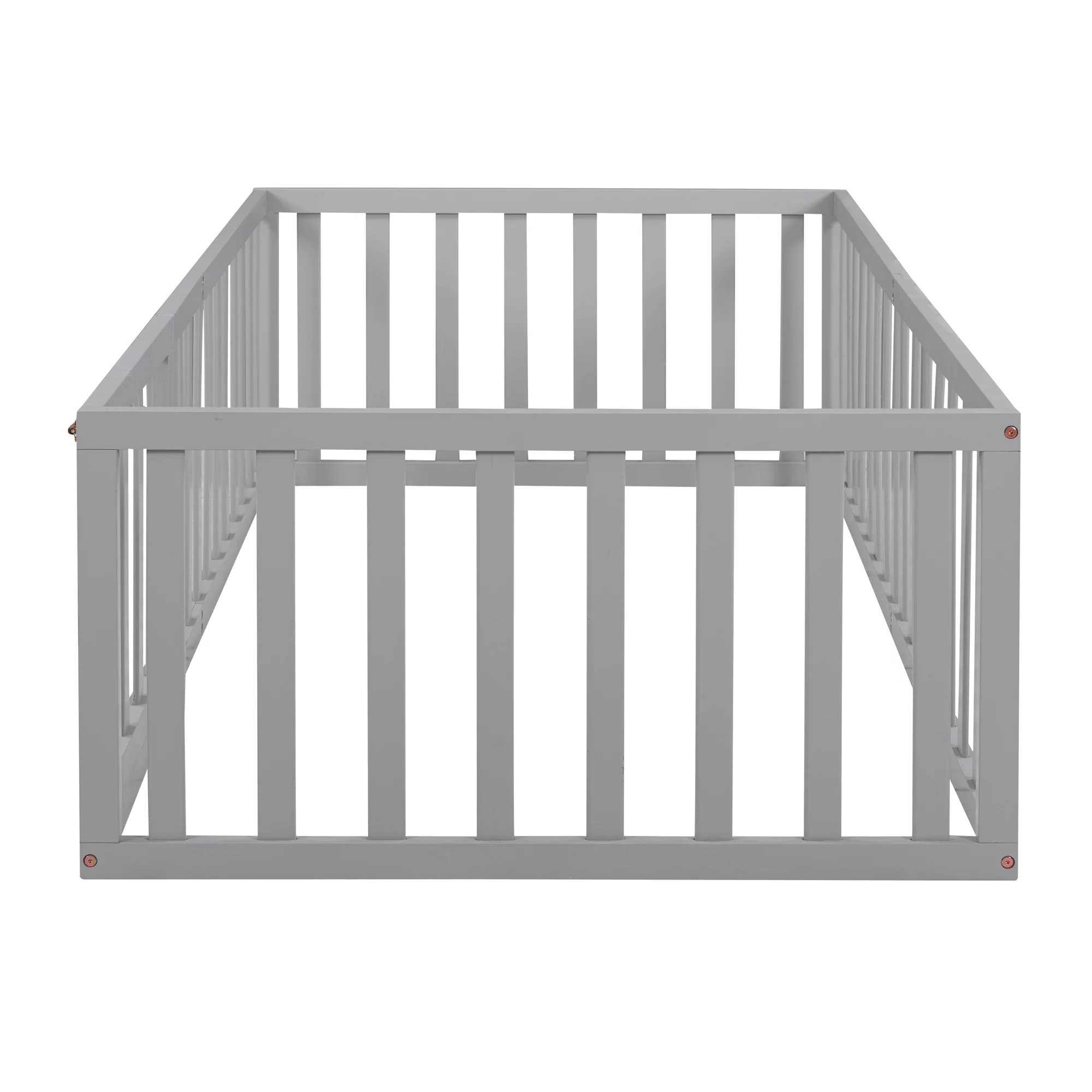 Wood Floor Bed with Fence and Door for Kids, Twin, Gray