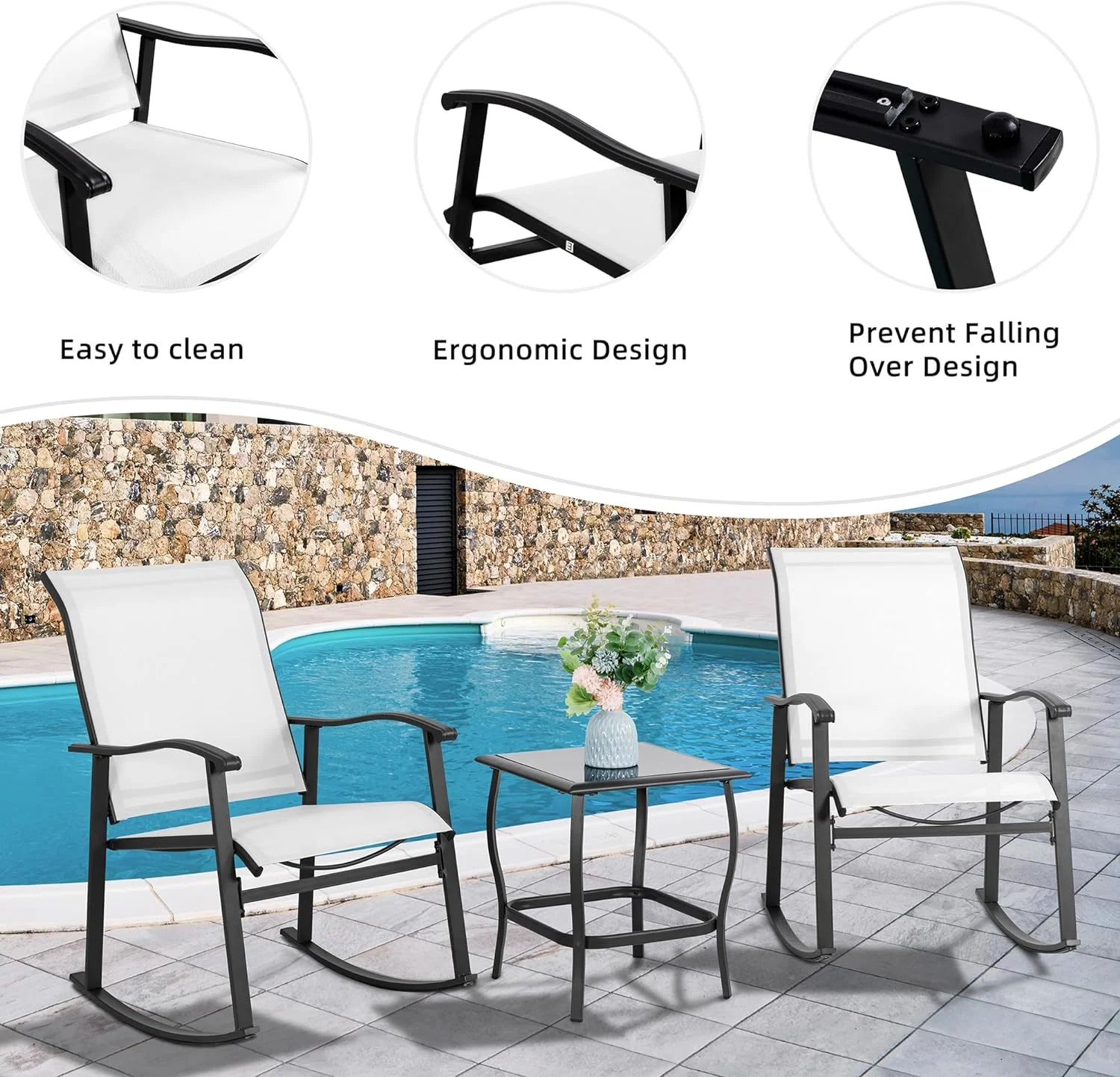 Vongrasig 3 Piece Outdoor Rocking Bistro Set, Textilene Fabric Small Patio Furniture Set, Front Porch Rocker Chairs Conversation Set with Glass Table for Lawn, Garden, Balcony, Poolside (White)