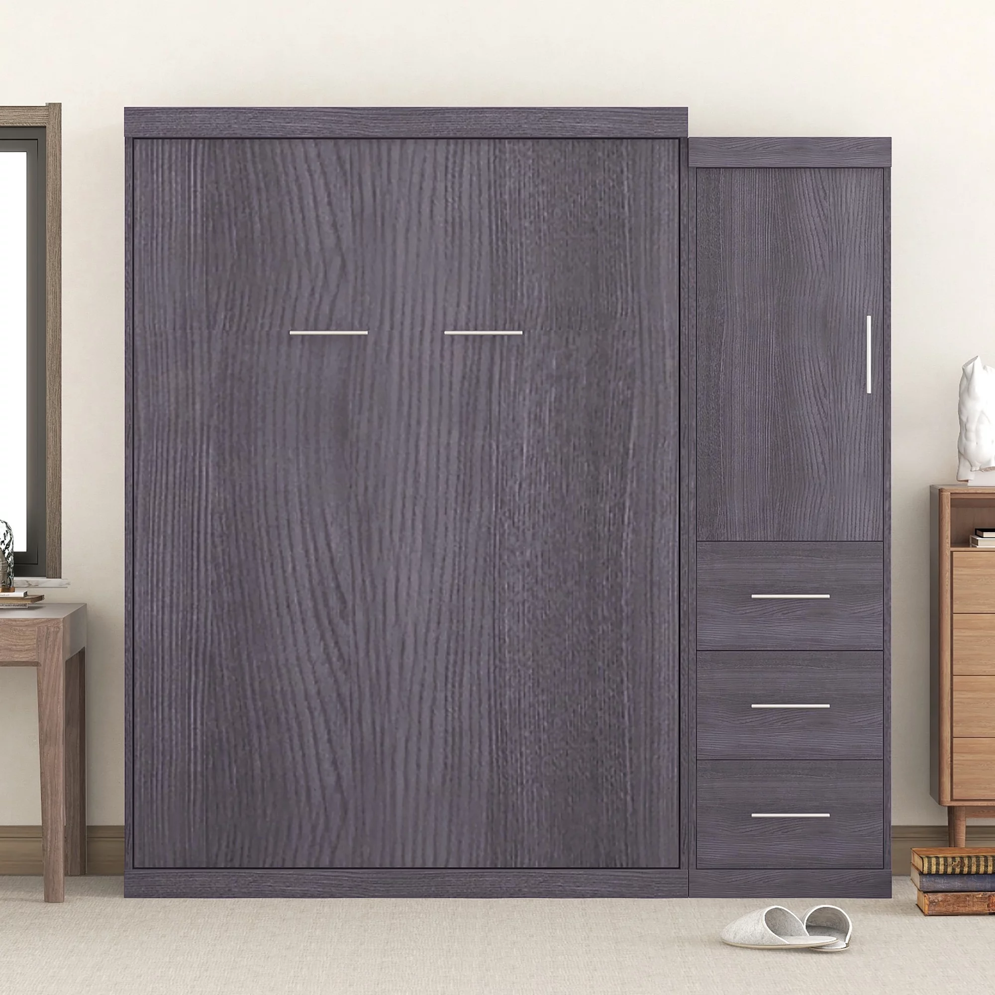 Euroco Wood Full Size Murphy Wall Bed with Wardrobe and Drawers for Living Room, Moveable Wardrobe and Drawers, Space-Saving & Easy Open and Close, Gray