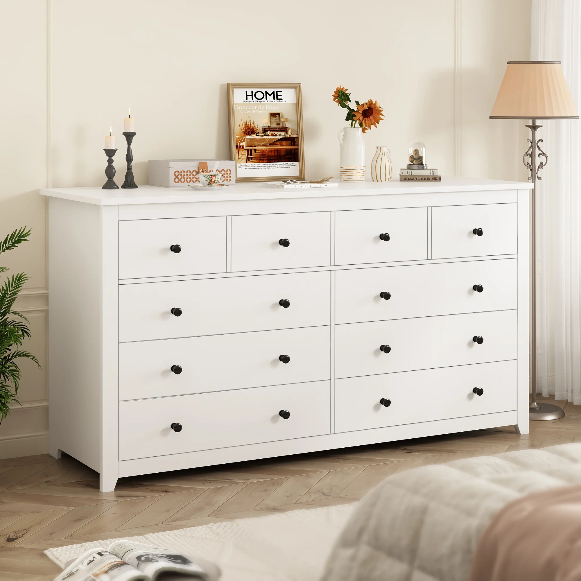 EnHomee White Dresser for Bedroom Wood Dresser with  10 Deep Drawers Modern Wood Dressers & Chests of Drawers Wide Dresser with Smooth Metal Rail, Wooden Dressers for Bedroom , White