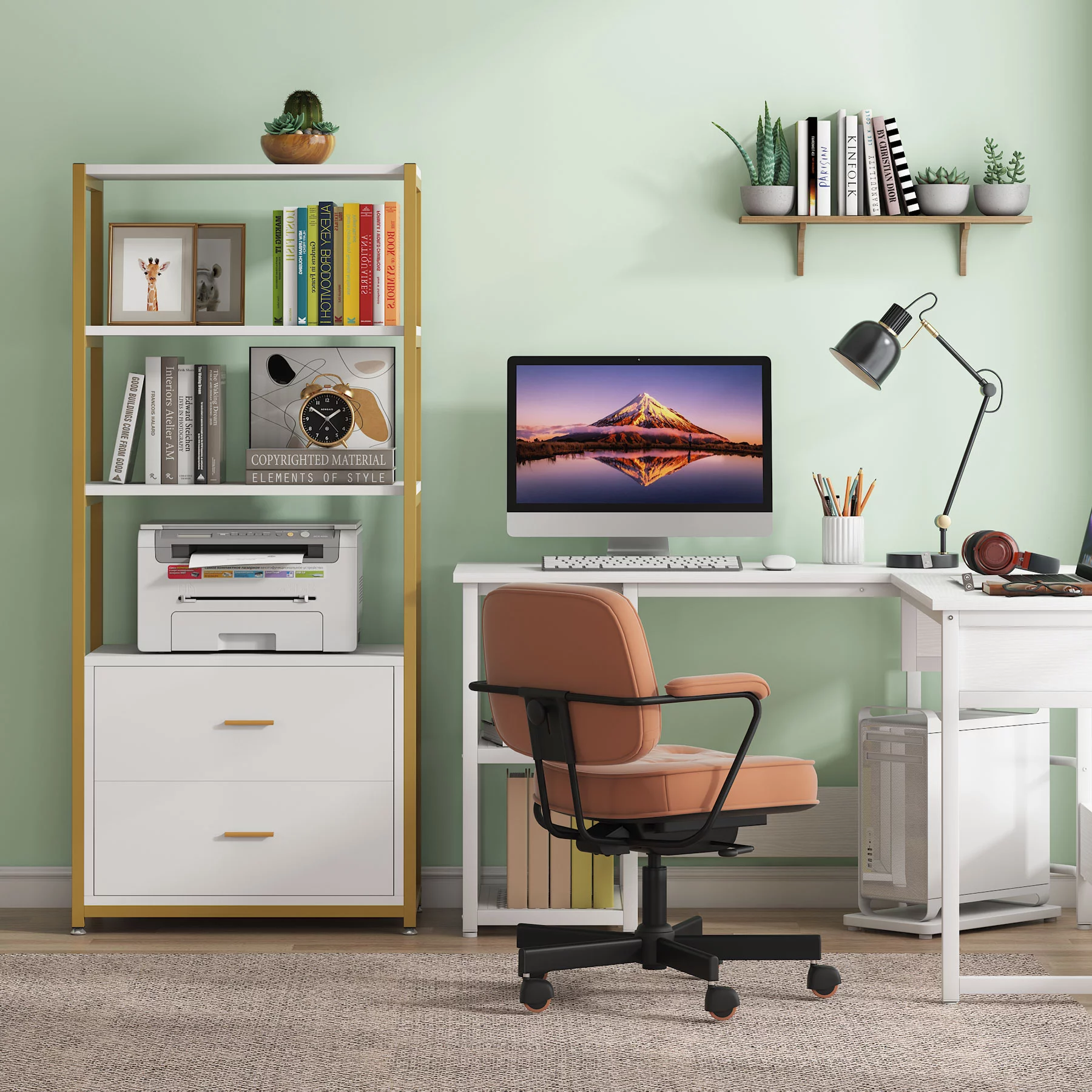 Tribesigns Bookcase, 4-Tier Bookshelf with 2 Drawers for Home Office (Gold/White)