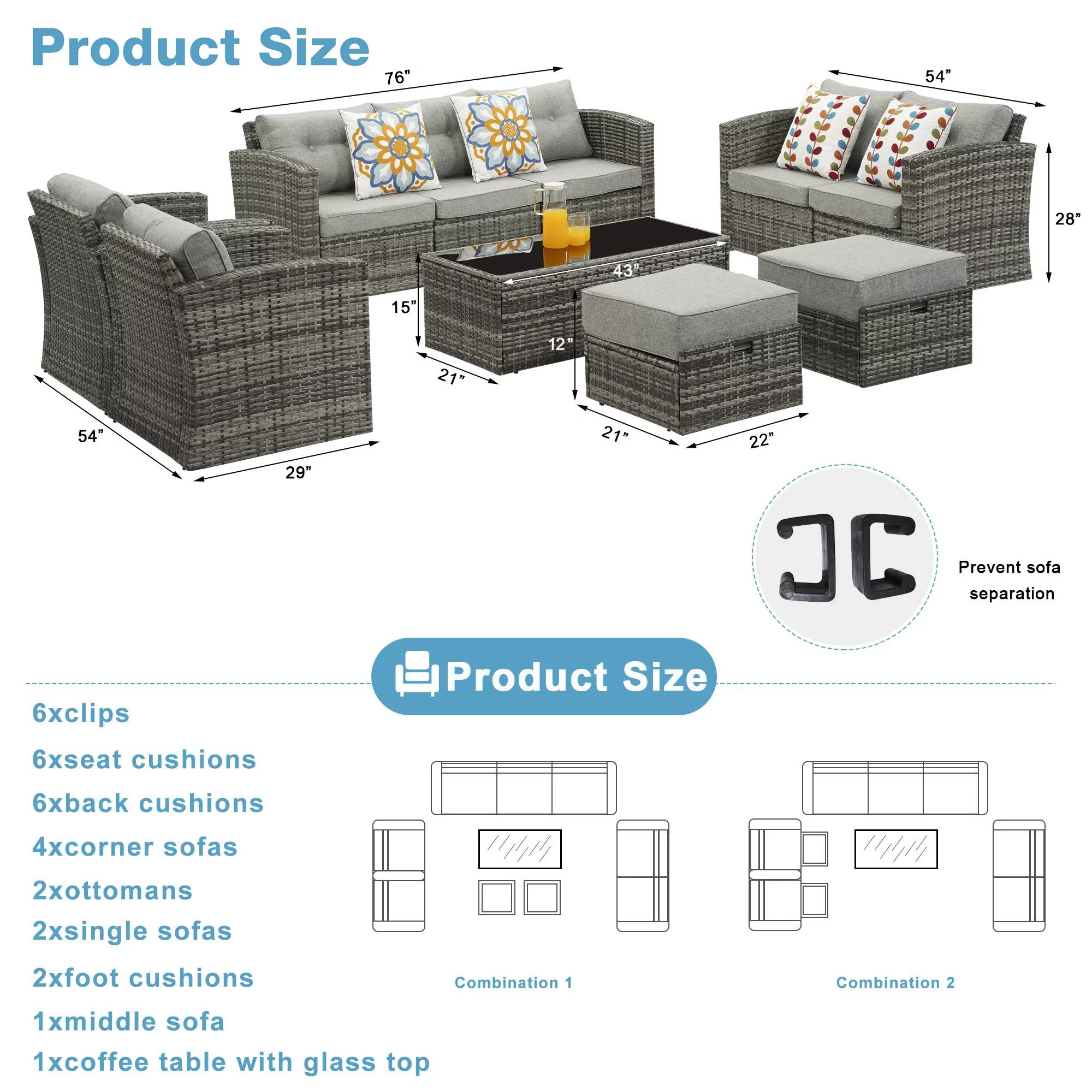 Superjoe 10 Pcs Outdoor Wicker Patio Furniture Set Aluminum Frame Patio Sectional Sofa with Coffee Table,Gray