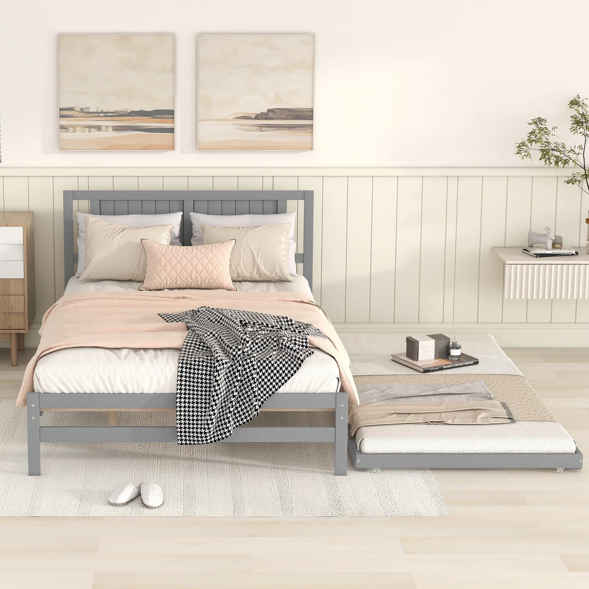 Euroco Wood Full Size Platform Bed with Trundle Frame Set, Wooden Bed Frame with Convertible Trundle Bed for Kids Teens Adulst, Gray