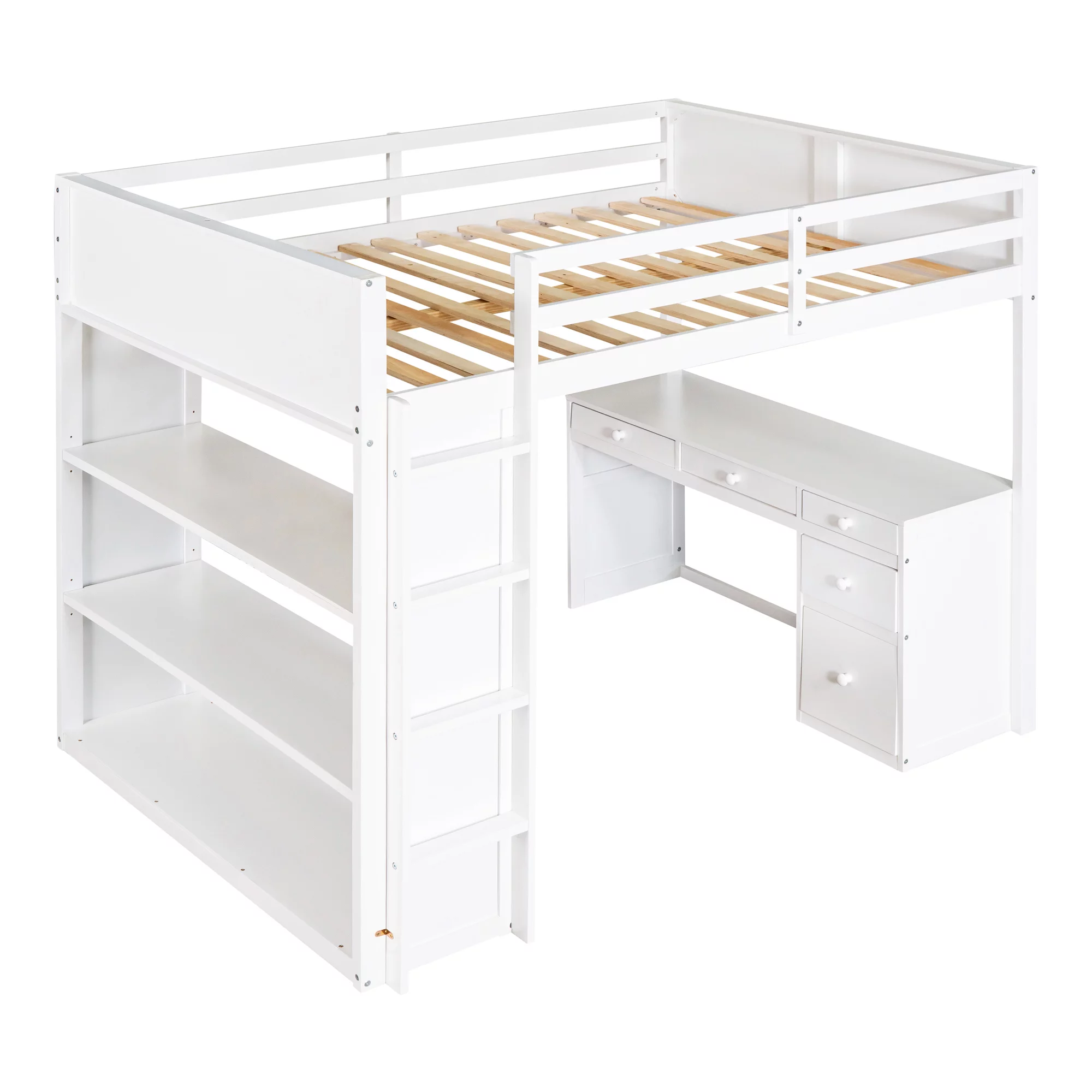 CoSoTower Full Size Loft Bed with Ladder, Shelves, and Desk, White