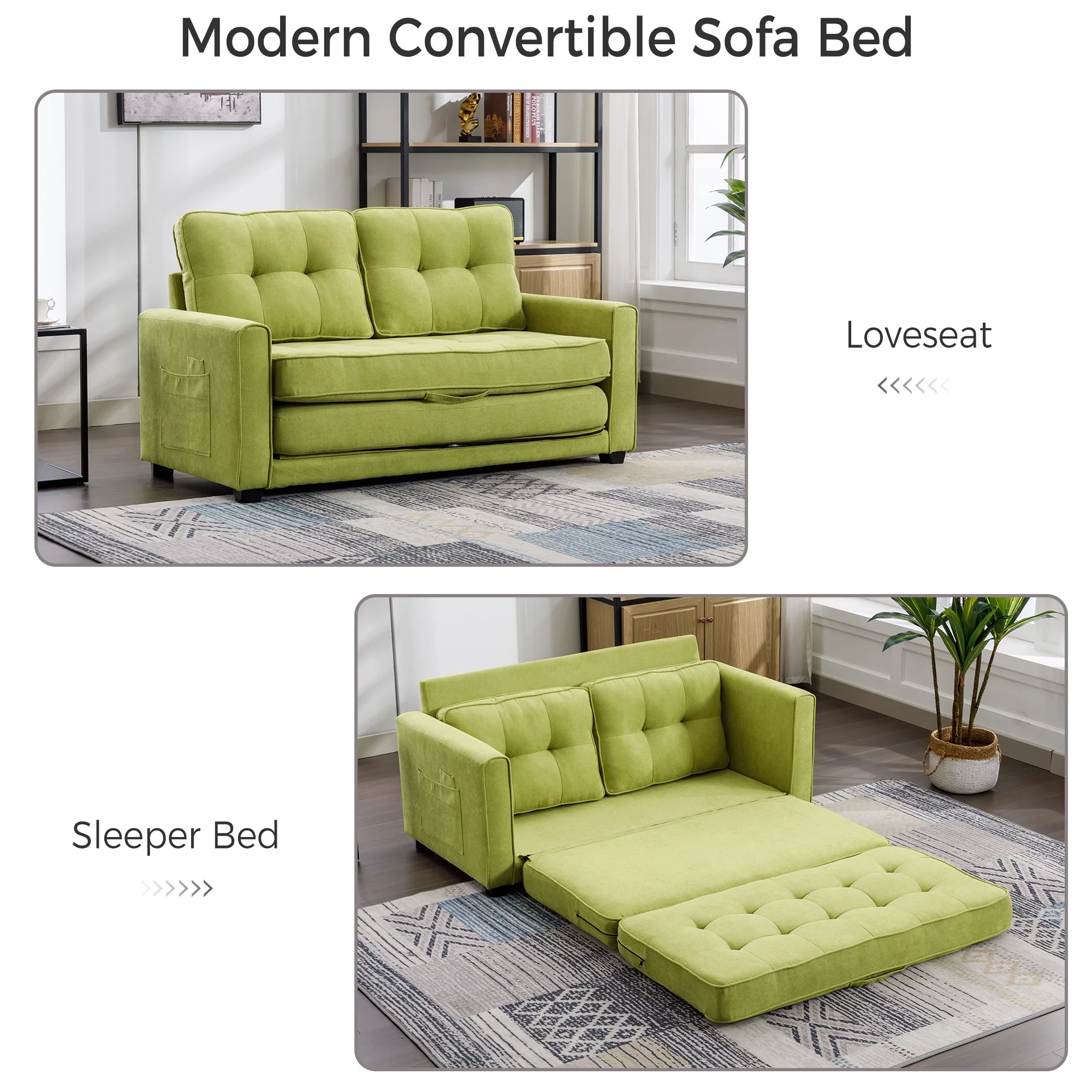 Churanty Convertible Sofa Bed Pull Out Sleeper Loveseat Sofa Chenille Upholstered Couch with Side Pockets for Small Space,Green