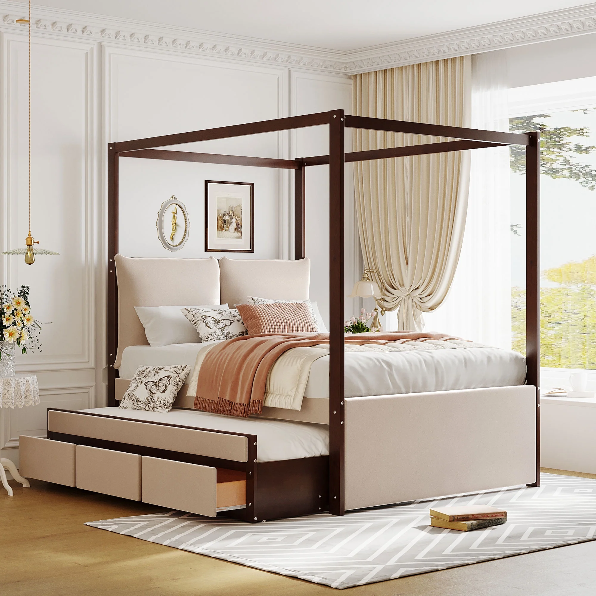 Churanty Full Size Upholstered Canopy Bed with Trundle and 3 Drawers, Beige