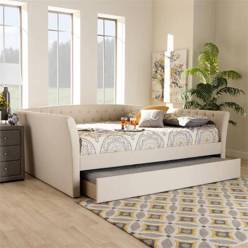 Allora Modern Fabric Upholstered Queen Size Daybed with Trundle in Beige