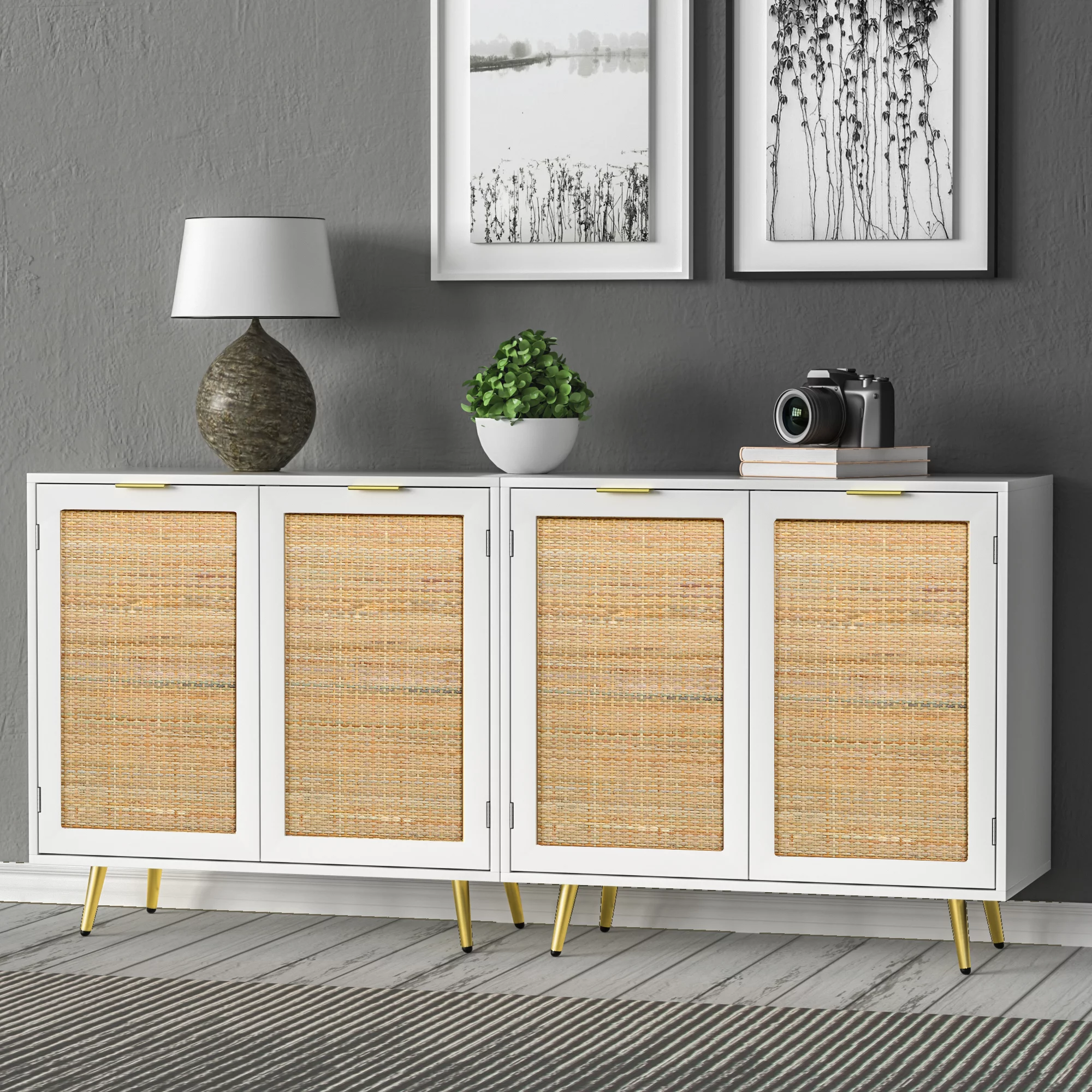 Eumyviv 31.5'' Width Modern Accent Cabinet, White Sideboards and Buffets with 2 Rattan Doors Storage Cane Cupboard for Kitchen Furniture, Living Room,H0059