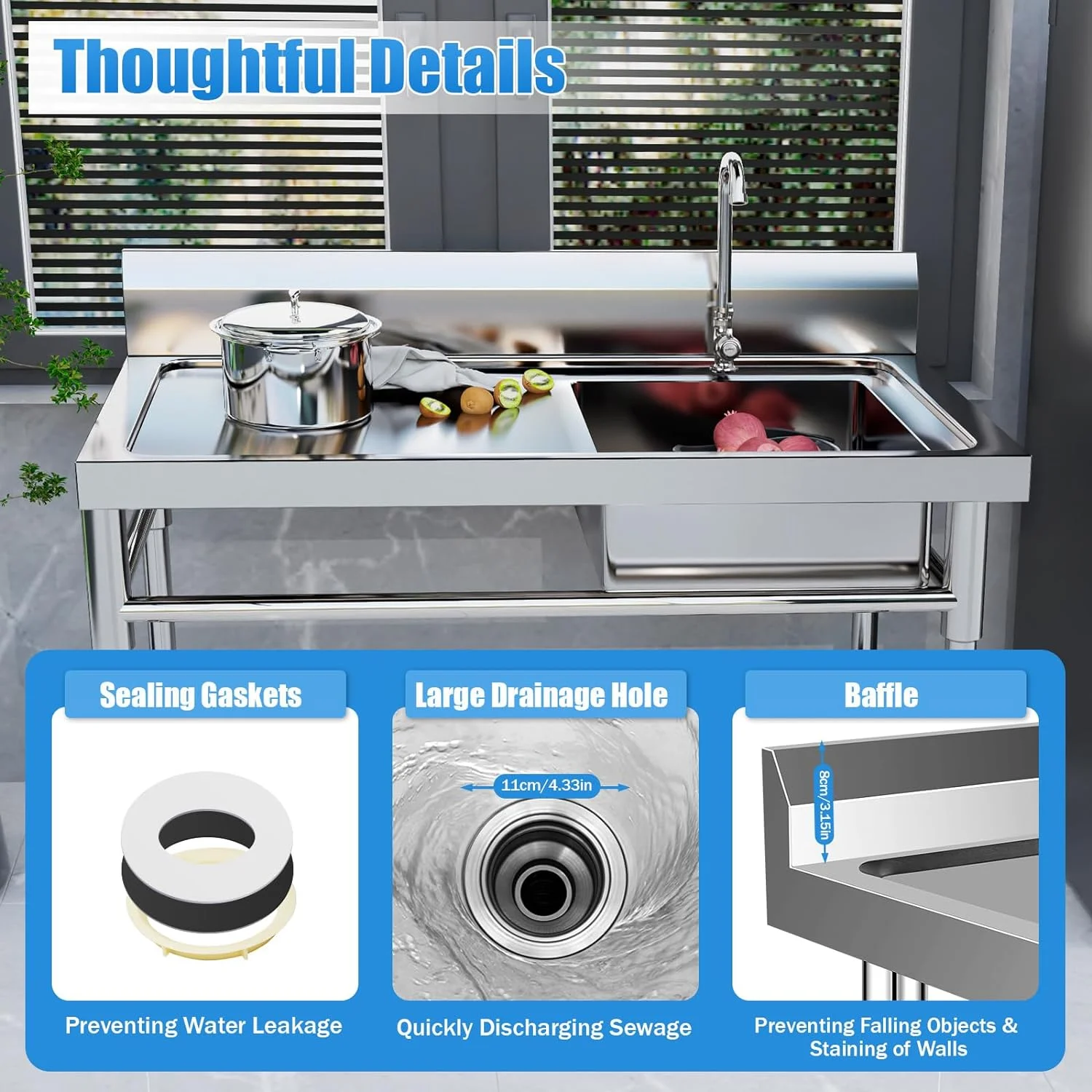 Free Standing Commercial Kitchen Sink 2 Compartment Stainless Steel Prep & Utility Sink 201 Stainless Steel Freestanding Kitchen Sink for Restaurant, Kitchen, Outdoor (Dual Bowl Style w/Baffle)