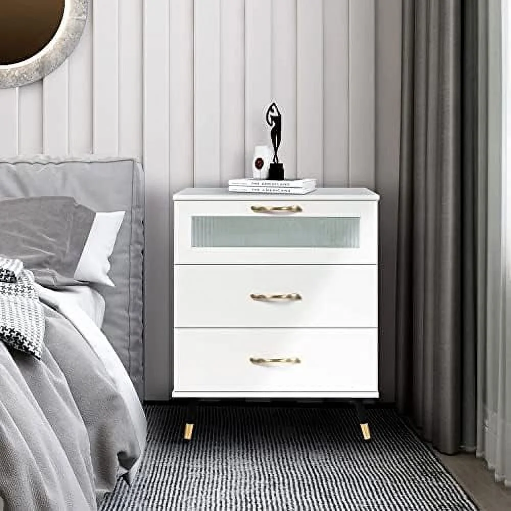 HBBOOMLIFE White Nightstand Modern 3 Drawer Nightstands  Bedroom Dresser Accent Bedside Cabinet End Side Table Modern Night Stand Perfect for Bedroom Living Room Accessories White (White