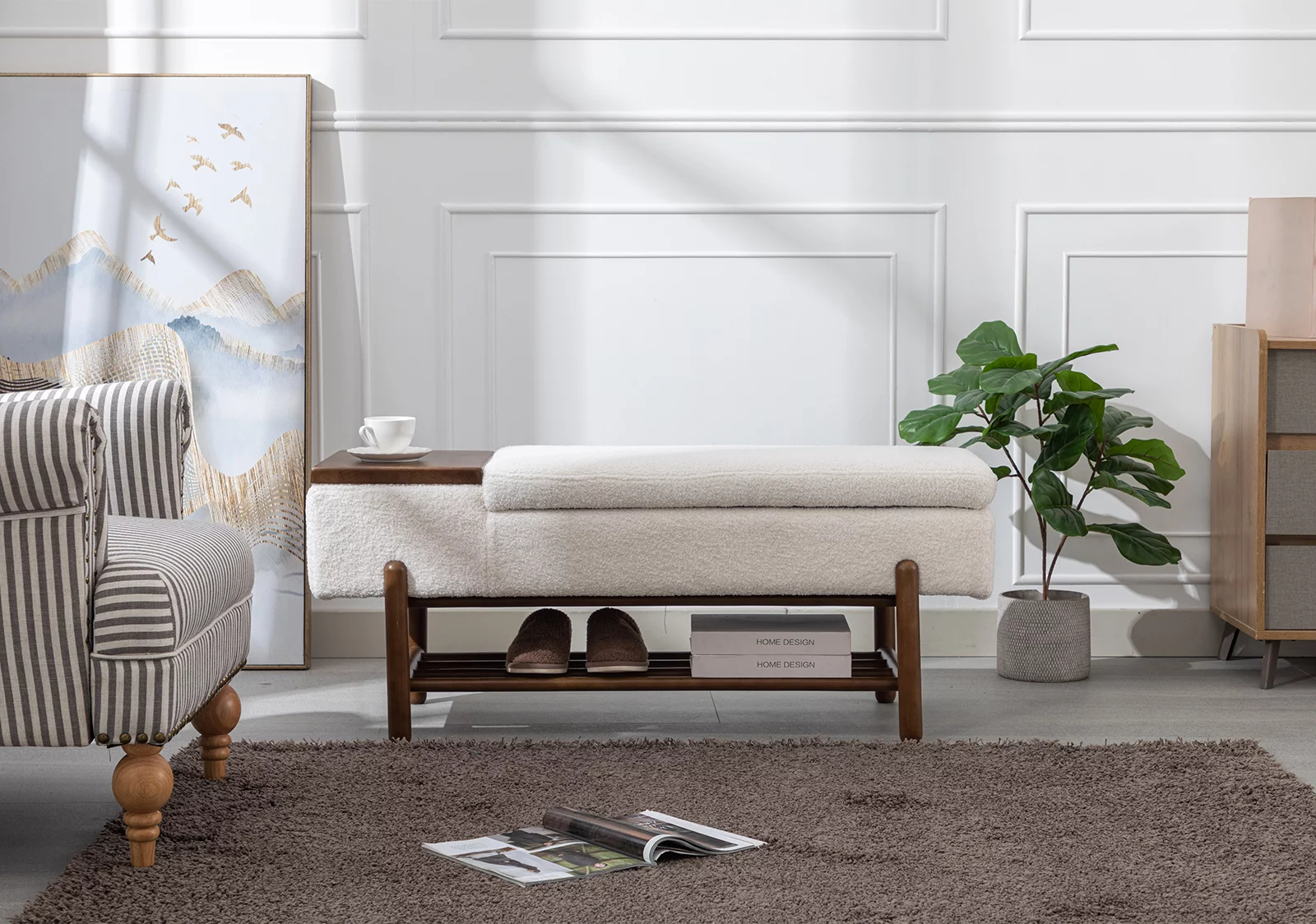 Guyou Storage Bench Sherpa End of Bed Ottoman Bench with Wooden Shoe Rack and Coffee Table, Modern Upholstered Long Seating Bench Entryway Bench for Hallway Foyer Living Room Bedroom, Beige