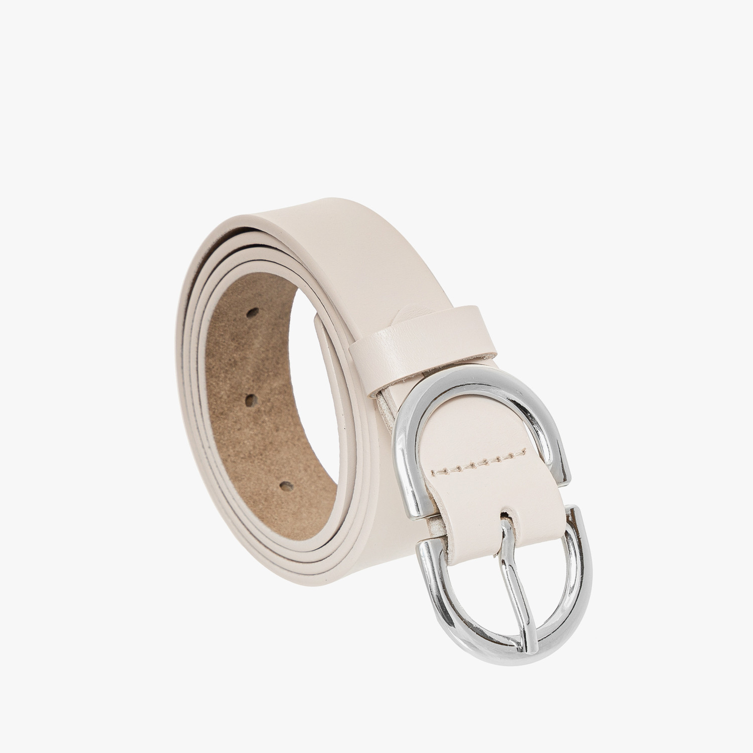 Kremowy pasek damski ze srebrn klamr