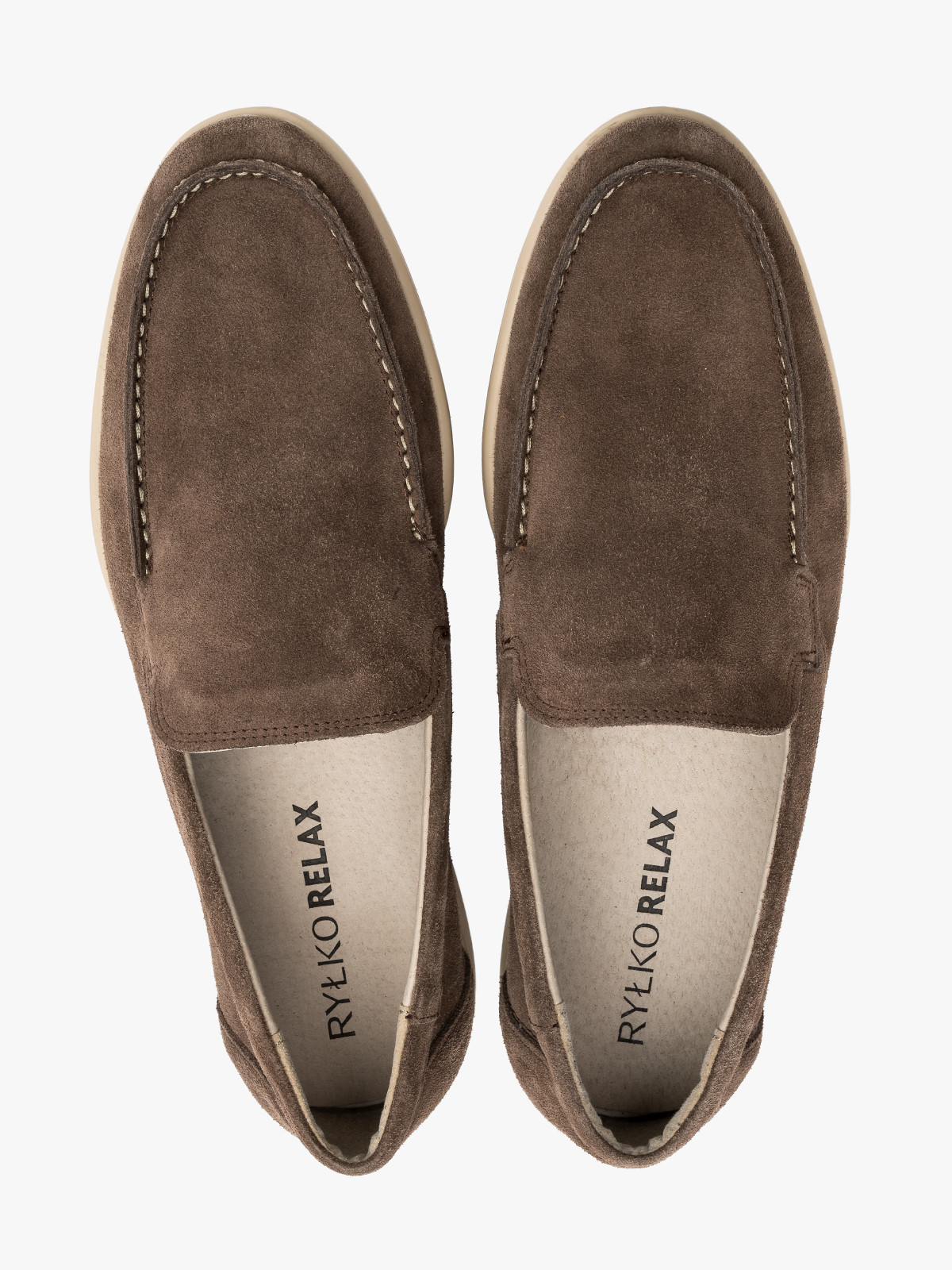 Szarobrzowe mokasyny mskie na beowym spodzie