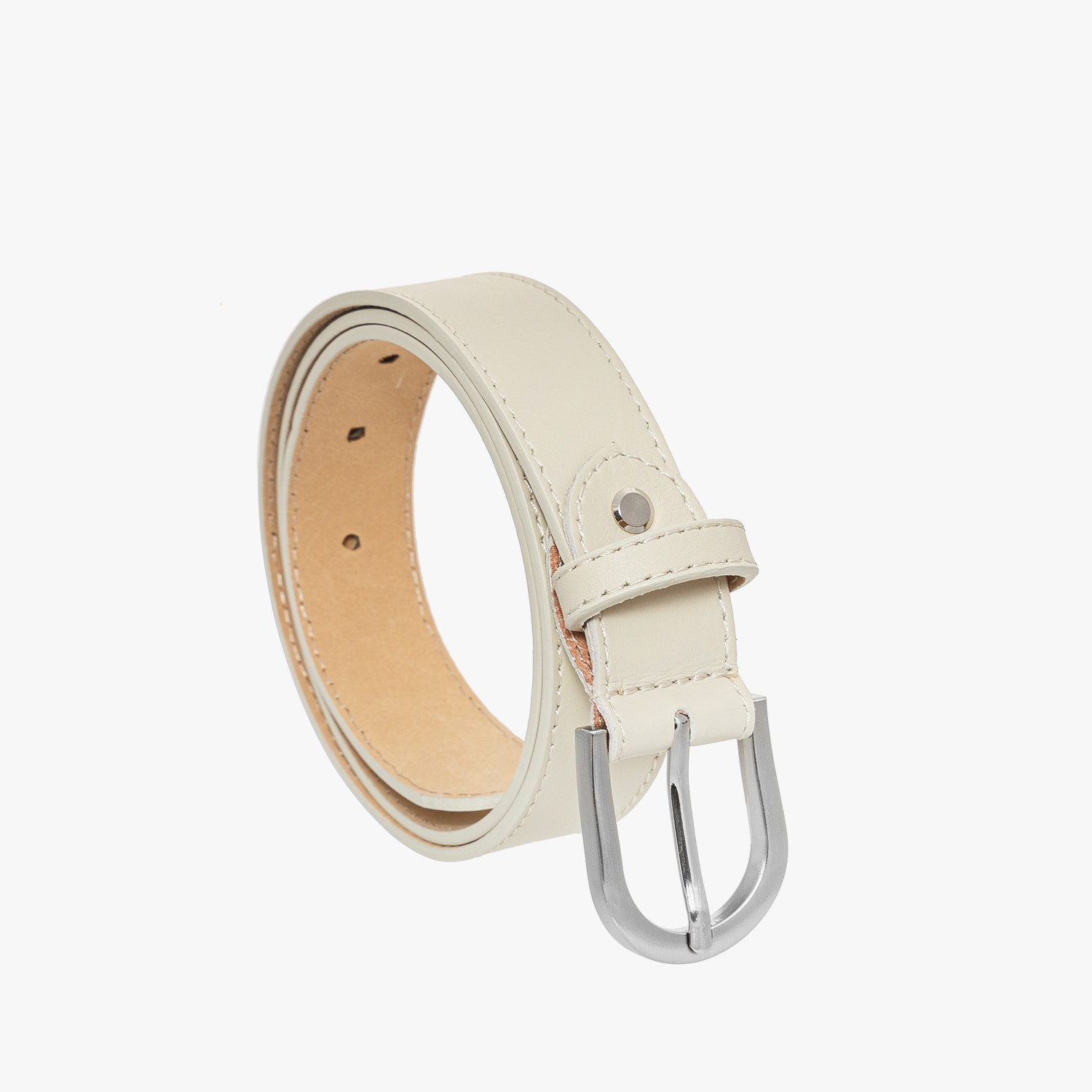 Kremowy pasek damski ze srebrn klamr