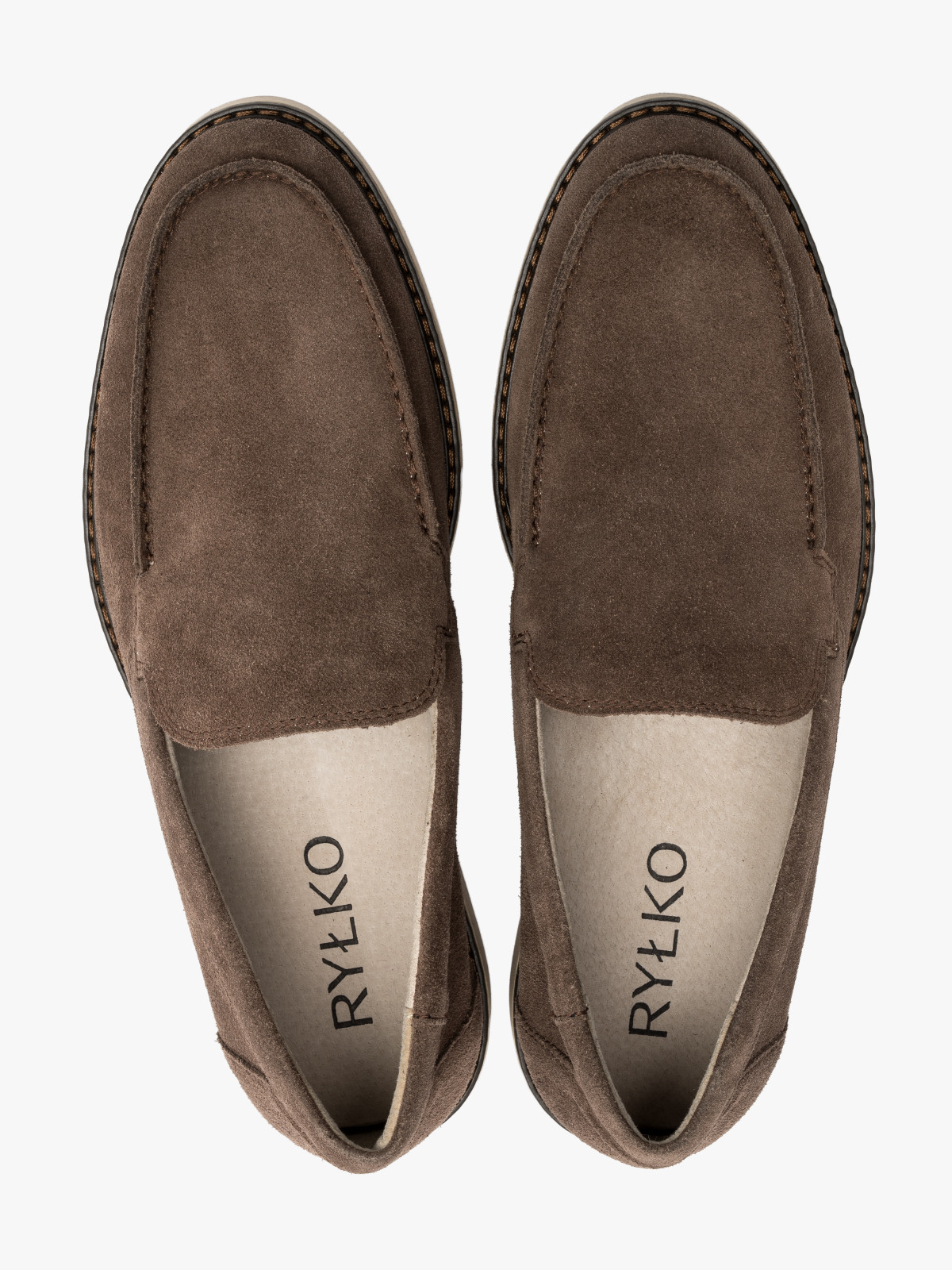 Szarobrzowe mokasyny mskie z ozdobnym otokiem na podeszwie