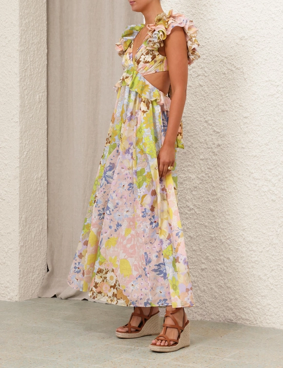 POP RUFFLE SLEEVE MIDI DRESS
