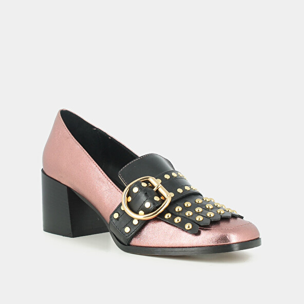 HEELED MOCCASINS IN PINK METALLIC LEATHER