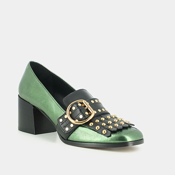 HEELED MOCCASINS IN GREEN METALLIC LEATHER