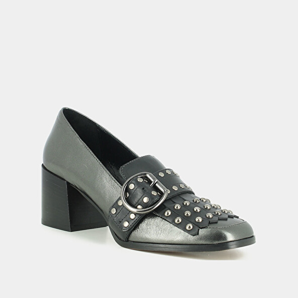 HEELED MOCCASINS IN STEEL METALLIC LEATHER