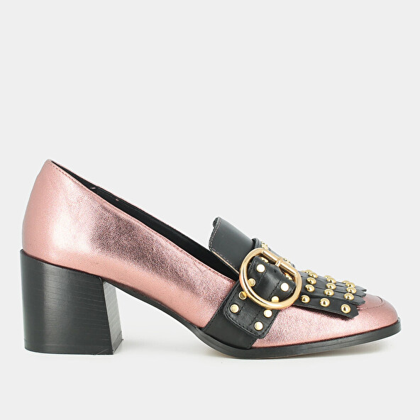 HEELED MOCCASINS IN PINK METALLIC LEATHER