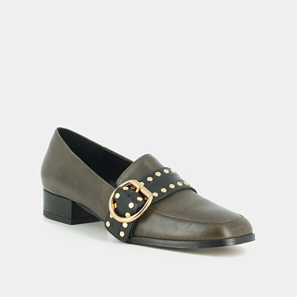 LOW-HEELED KHAKI LEATHER