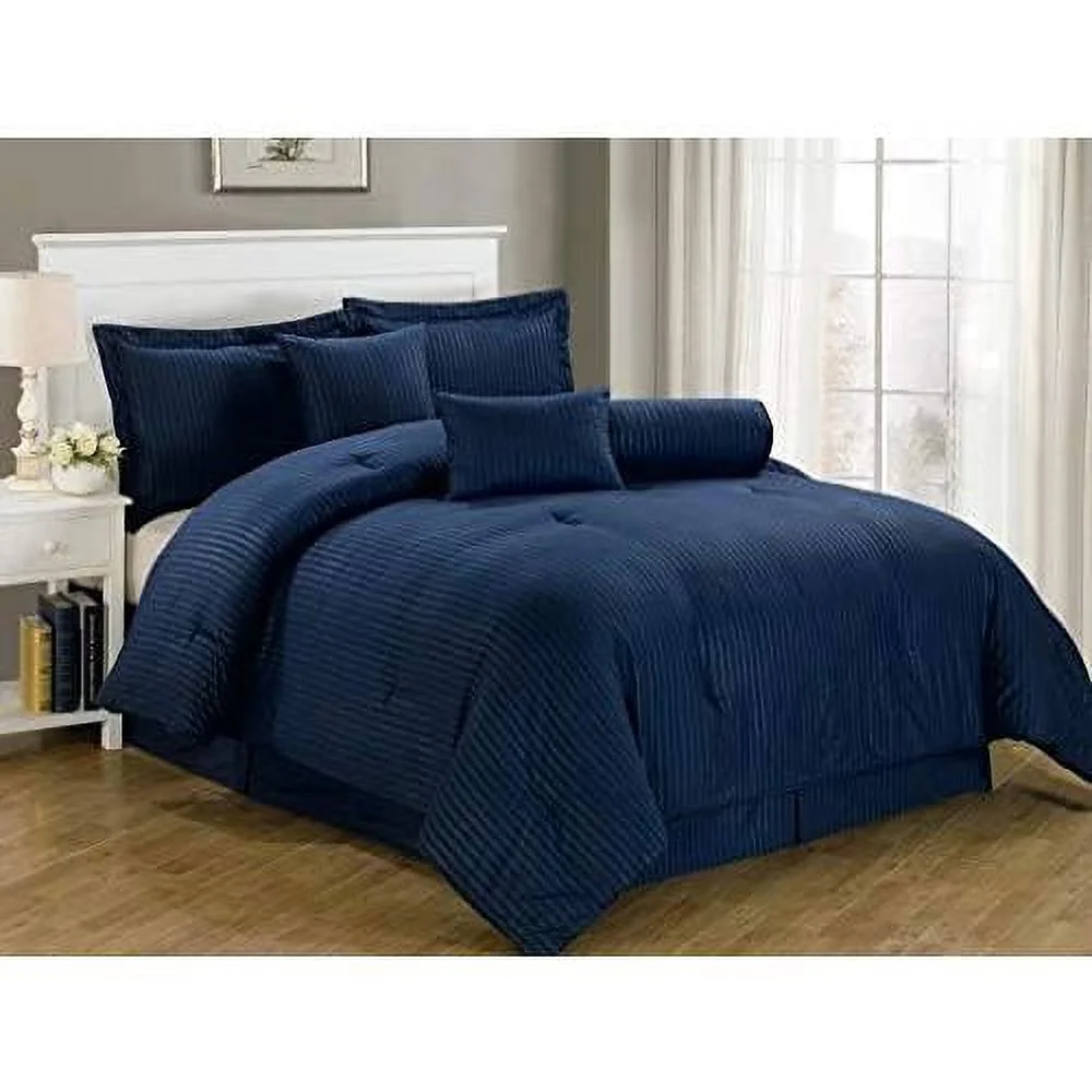 Lex 7-Piece Dobby Stripe Comforter Set - King, Navy Blue