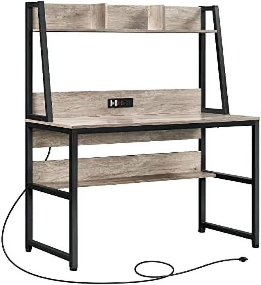 JDZHAPPYLIFE Industrial Home Office Table Computer Writing Desk with Power Outlet and Bookshelves  47 Inch PC Laptop Table with Hutch  Shelves and 2 USB Ports for Home Office  Rustic Brow