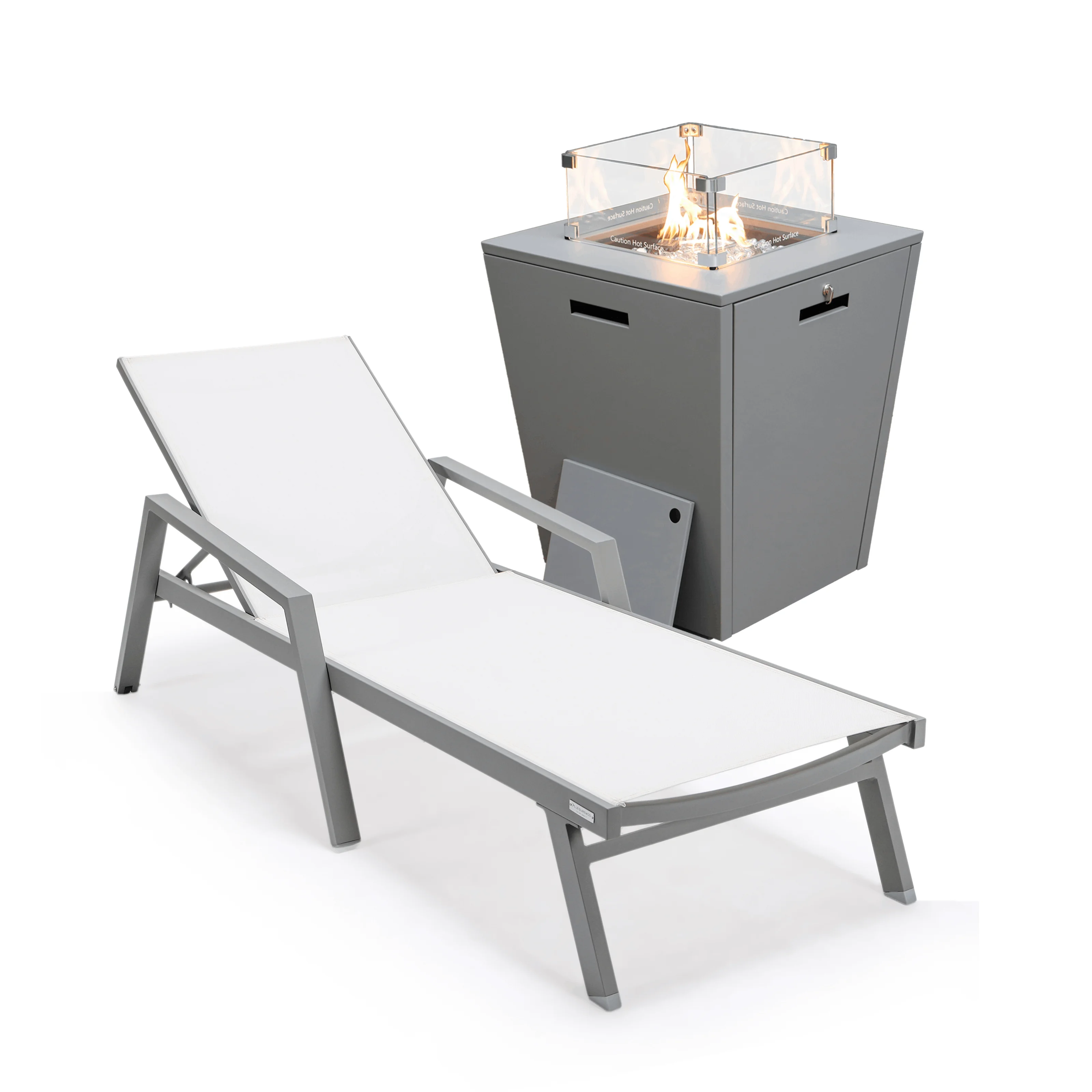 LeisureMod Marlin Modern Gray Aluminum Outdoor Patio Chaise Lounge Chair With Arms with Square Fire Pit Side Table Perfect for Patio, Lawn, and Garden (White)