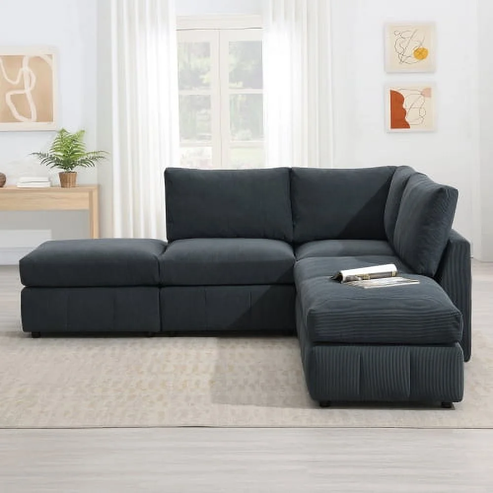 JHOOTUUO [VIDEO provided][New]93”Modern Sectional Sofa with Vertical Stripes 5-Seat Armless Couch Set with Convertible Ottomans Various Combinations L-Shape Indoor  for Living Room Apartm