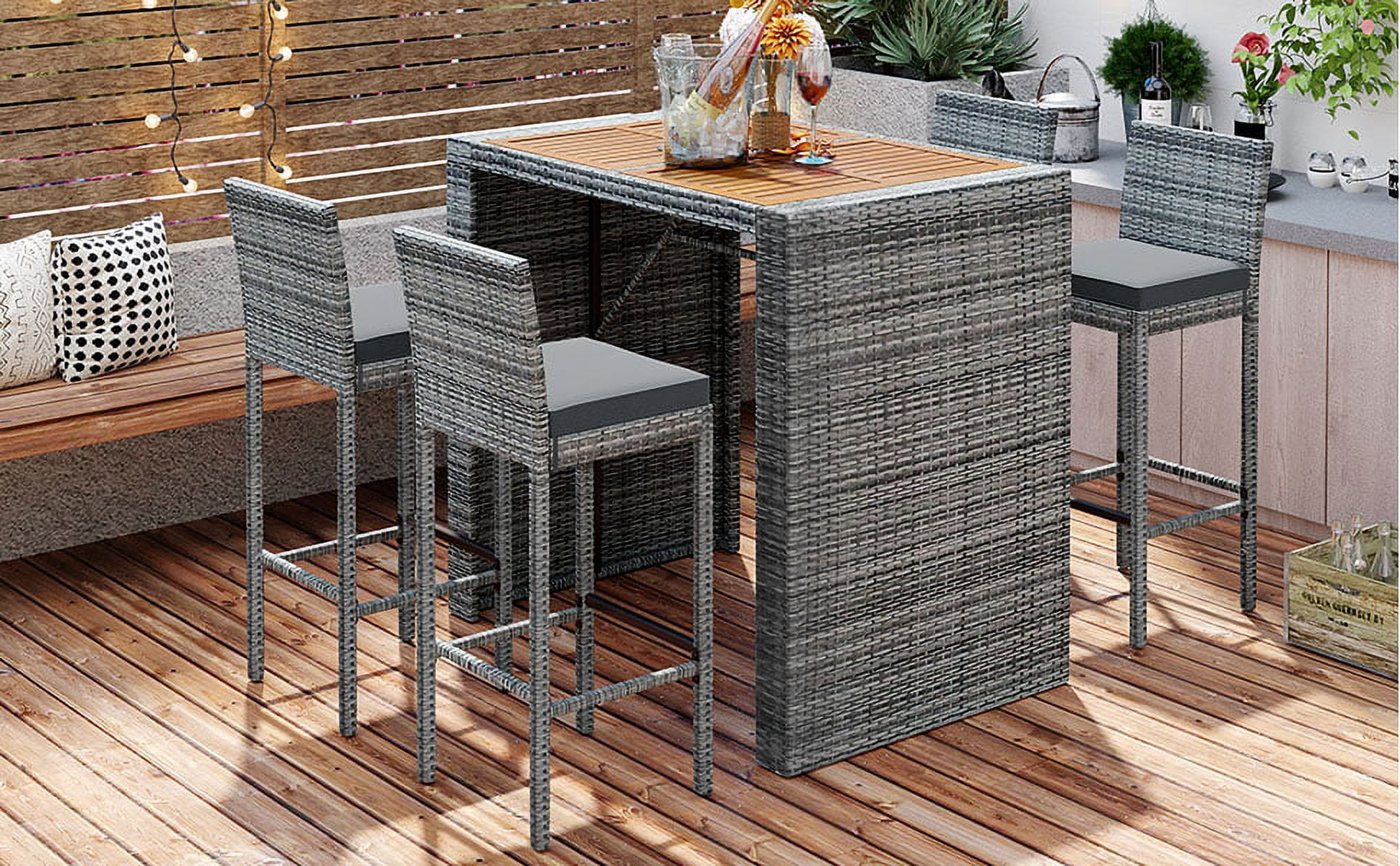 Dcenta 5-pieces  Patio Wicker Bar Set, Bar Height Chairs With Feet And Fixed Rope, Removable Cushion, Acacia Wood Table , Brown Wood And Gray Wicker