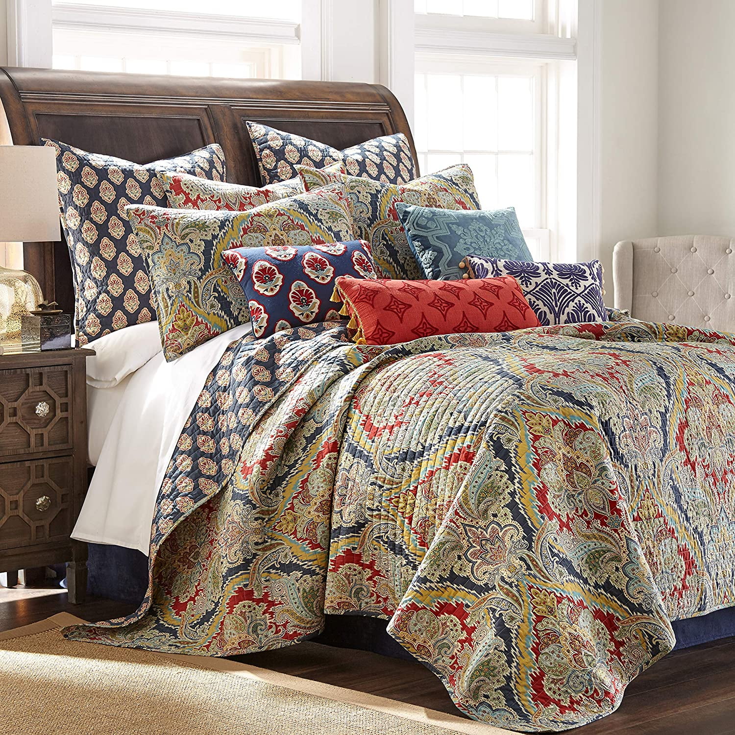 Moreno Quilt Set  King/Cal King Quilt + Two King Pillow Shams  Traditional Damask  Red, Blue, Grey, Gold, Teal  Quilt (106X92in.) And Pillow Shams (36X20in.)  Reversible  Cotton
