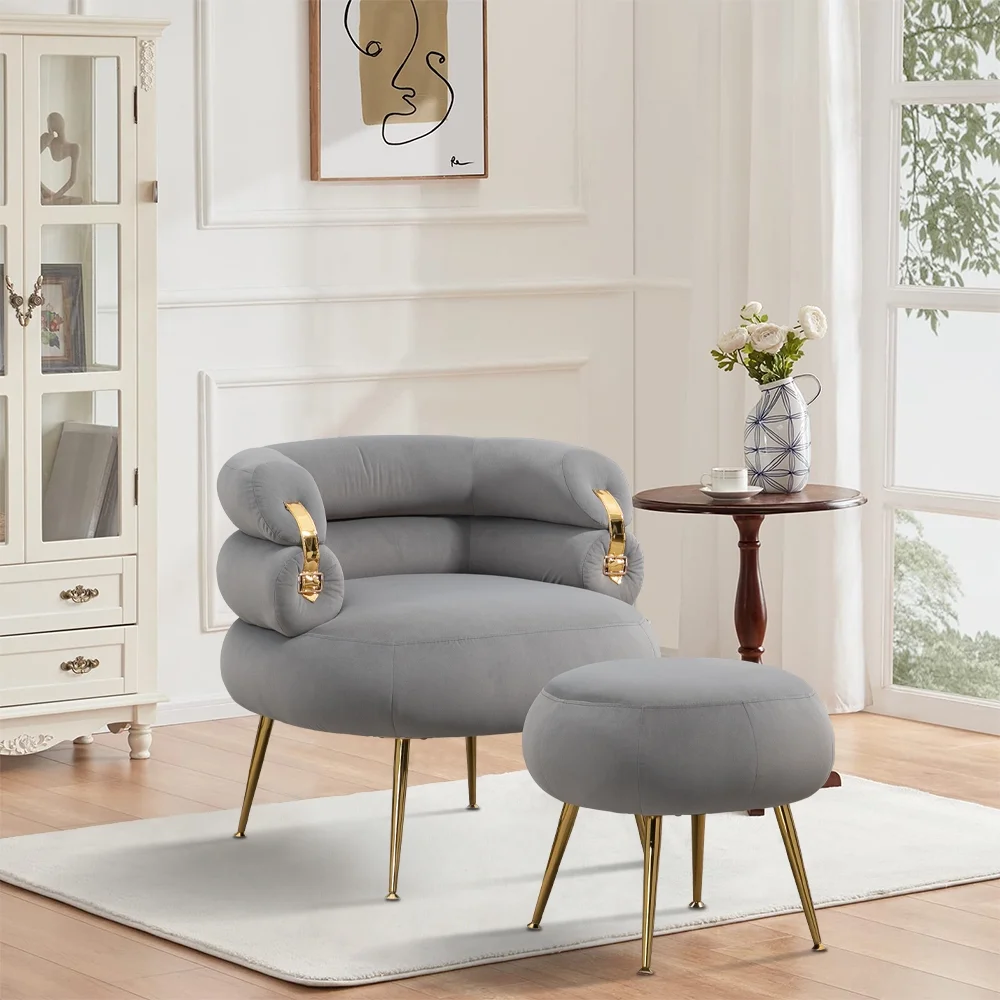Atumon Accent Chair with Ottoman, Small Single Sofa Chair, Velvet Upholstered Accent Chair with Gold Metal Legs, Modern Barrel Accent Armchair with Ottoman for Living Room Bedroom, Gray