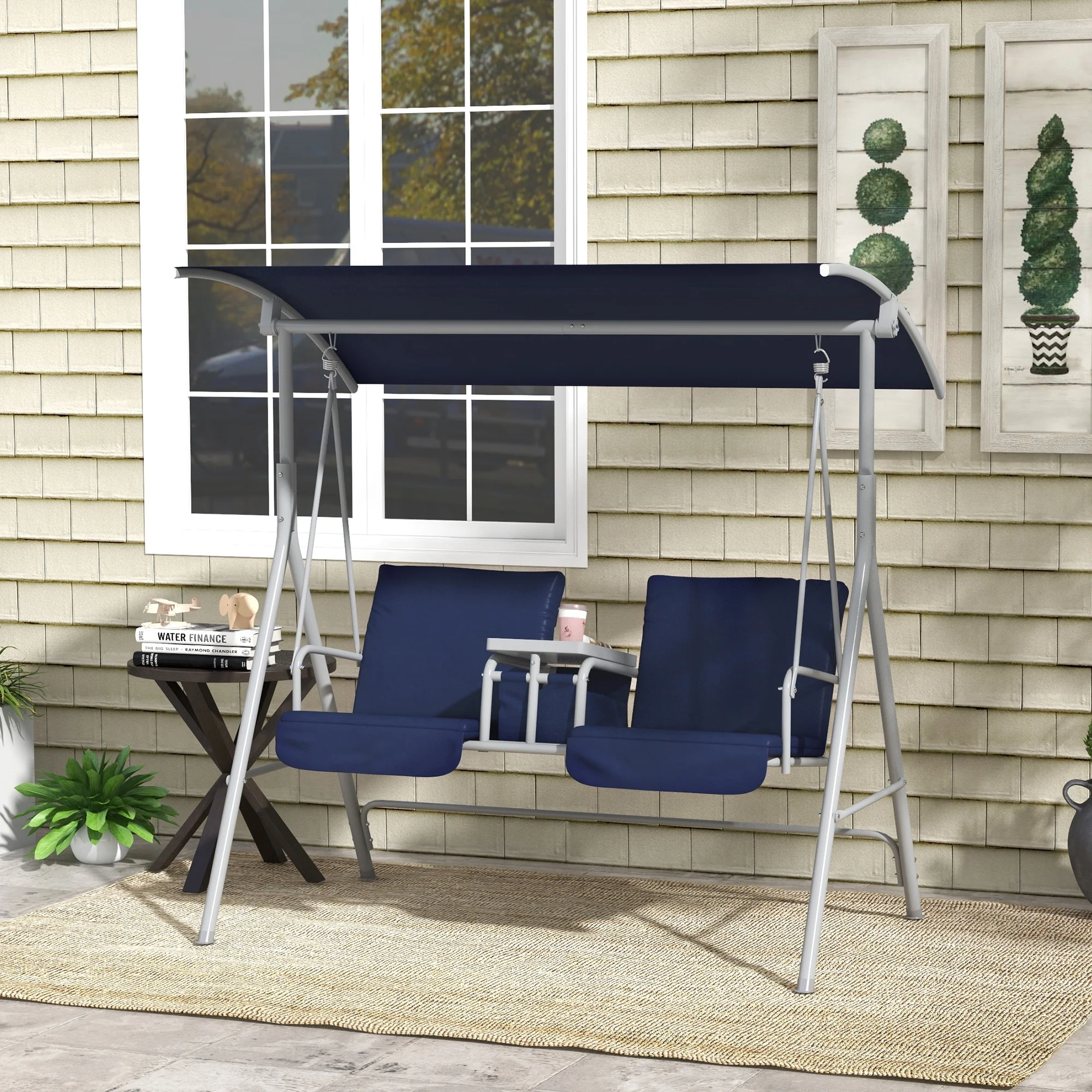 Outsunny 2 Person Porch Swing with Canopy, Table, Storage Console, Blue