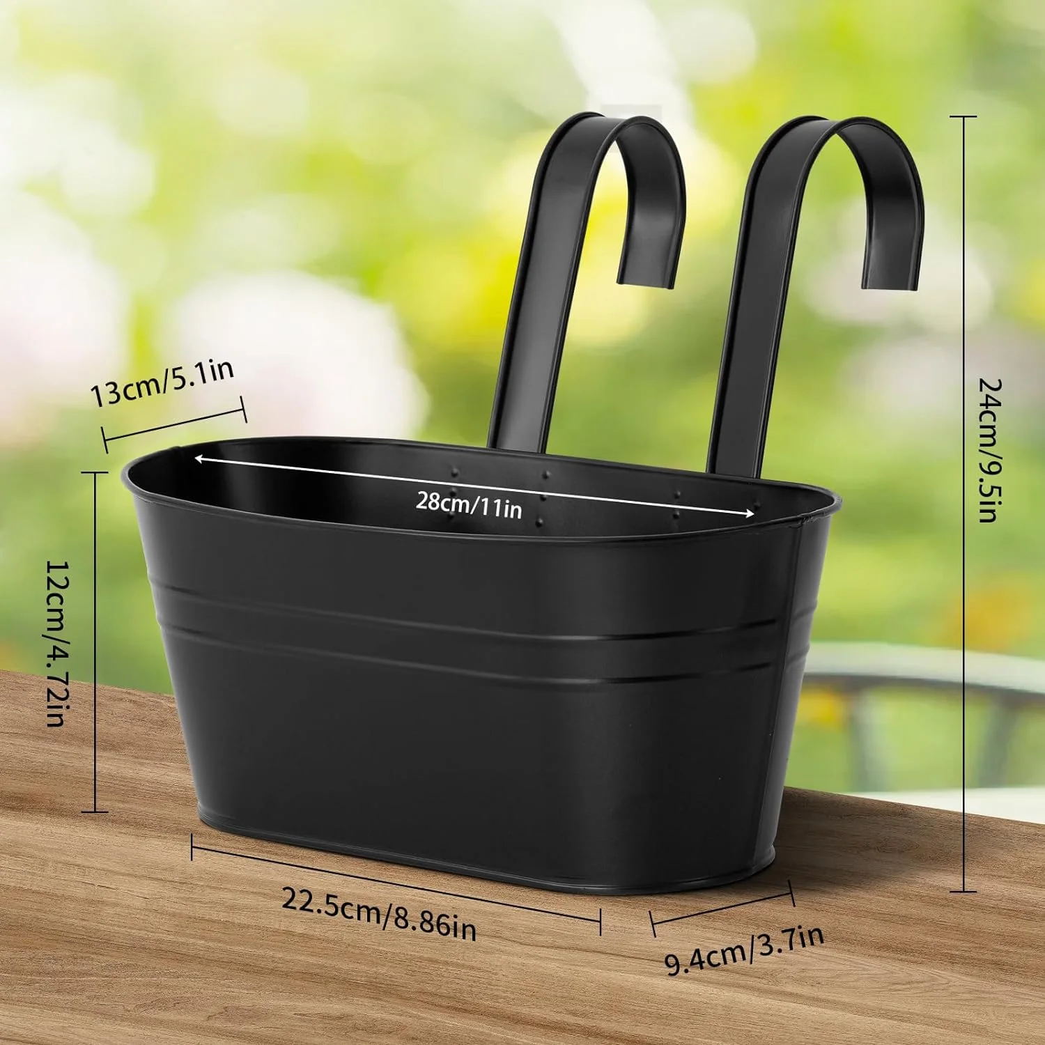 Nvzi-a 5 Pcs Iron Hanging Flower Pots 11 Inch Hanging Planters for Outdoor Plants Metal Hanging Bucket Pots Iron Railing Fence Planter with Holes and Hooks for Porch Railing Balcony Fence(Black)