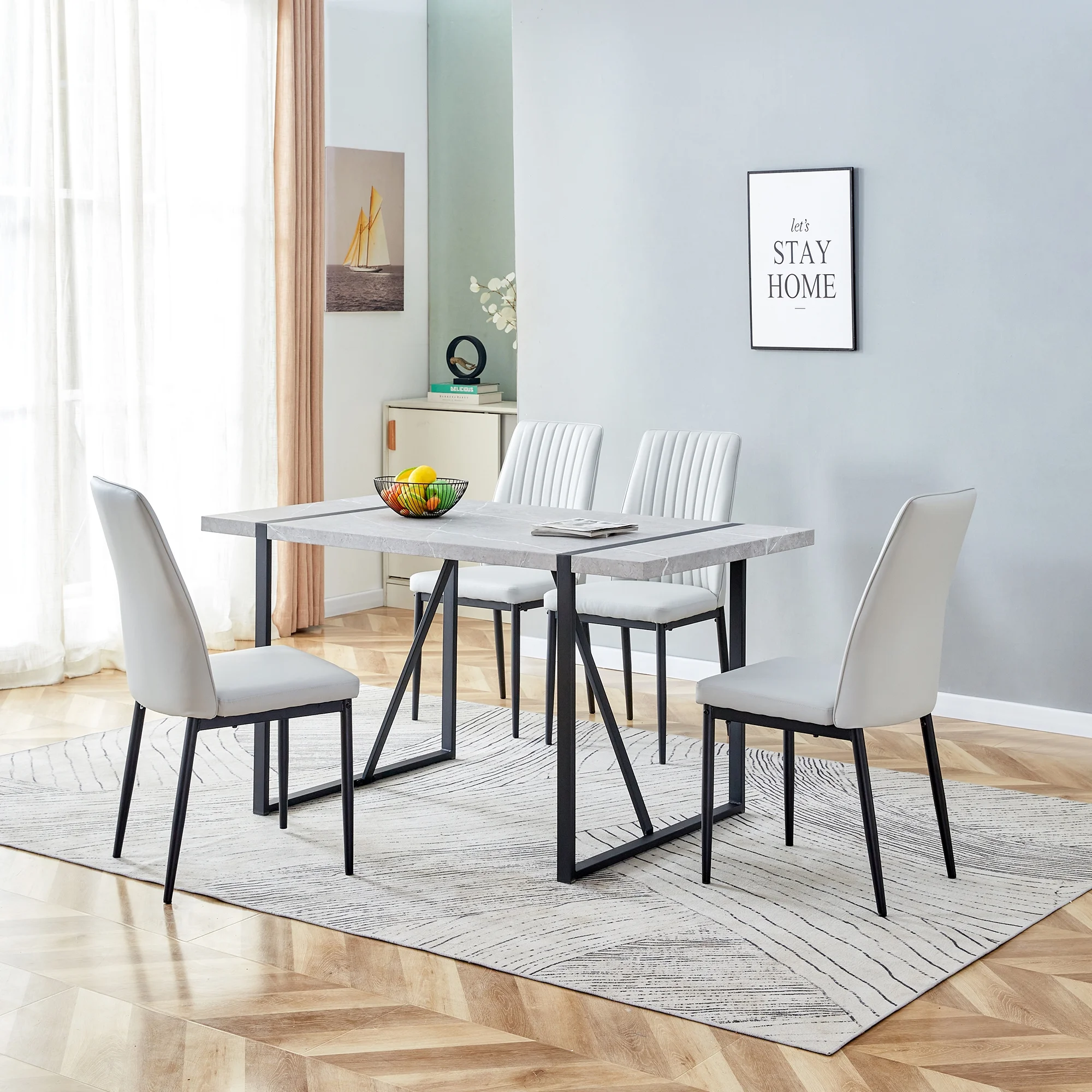 EUROCO 5PCS Faux Marble Dining Table Set for 4,55.1” Dining Room Table Set with MDF Tabletop,Metal Table and Chair Legs,4 PU Leather Chairs,Easy Clean and Waterproof Kitchen Table Set