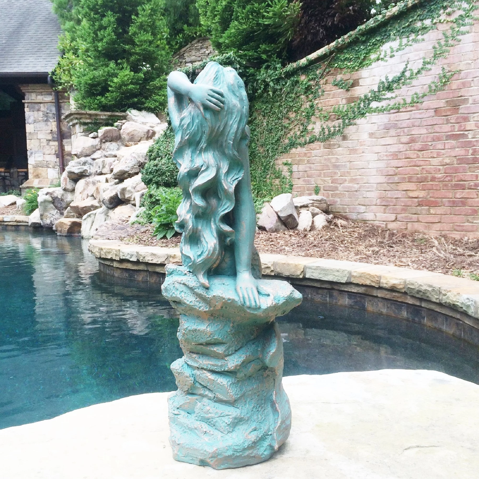 Homestyles 28 in. Giant Sexy Mermaid Sitting on Coastal Rock In Bronze Patina Beach Nautical Garden Statue