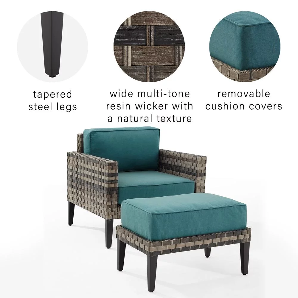 Crosley Furniture Prescott 2-PC Wicker Patio Arm Chair Set in Mineral Blue/Brown