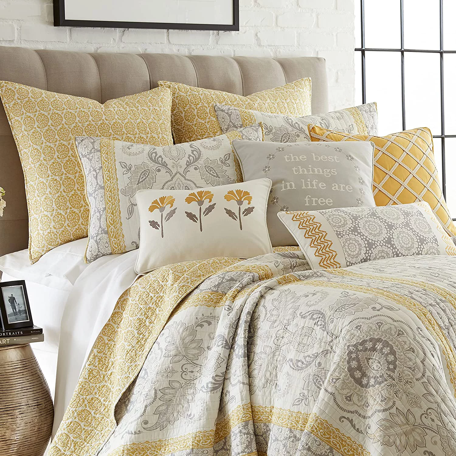St. Claire Quilt Set  King Quilt + Two King Pillow Shams  Suzani And Paisleys  Grey And Yellow  Quilt Size (106X92in.) And Pillow Sham Size (36X20in.)  Reversible