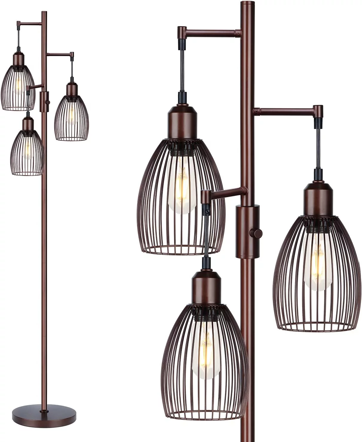 Dimmable Industrial Floor Lamps for Living Room, Gold Tree Standing Tall Lamps with 3 Elegant Teardrop Cage Head & 800 Lumens LED Bulbs for Bedroom Office