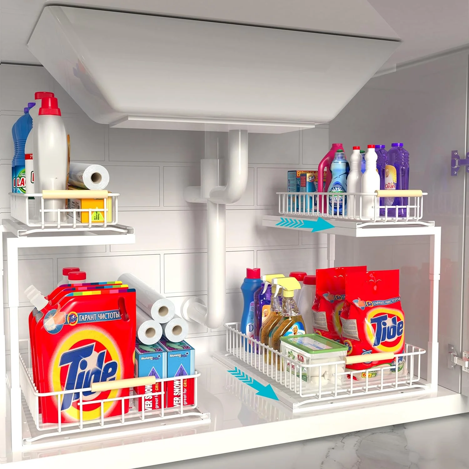 HBlife Under Sink Organizer, Pull-Out Cabinet Organizer 2 Tier Slide Out Sink Cabinet Storage Shelves, Under Sink Cabinet Organizer Storage for Kitchen Bathroom, White, 2 Pack