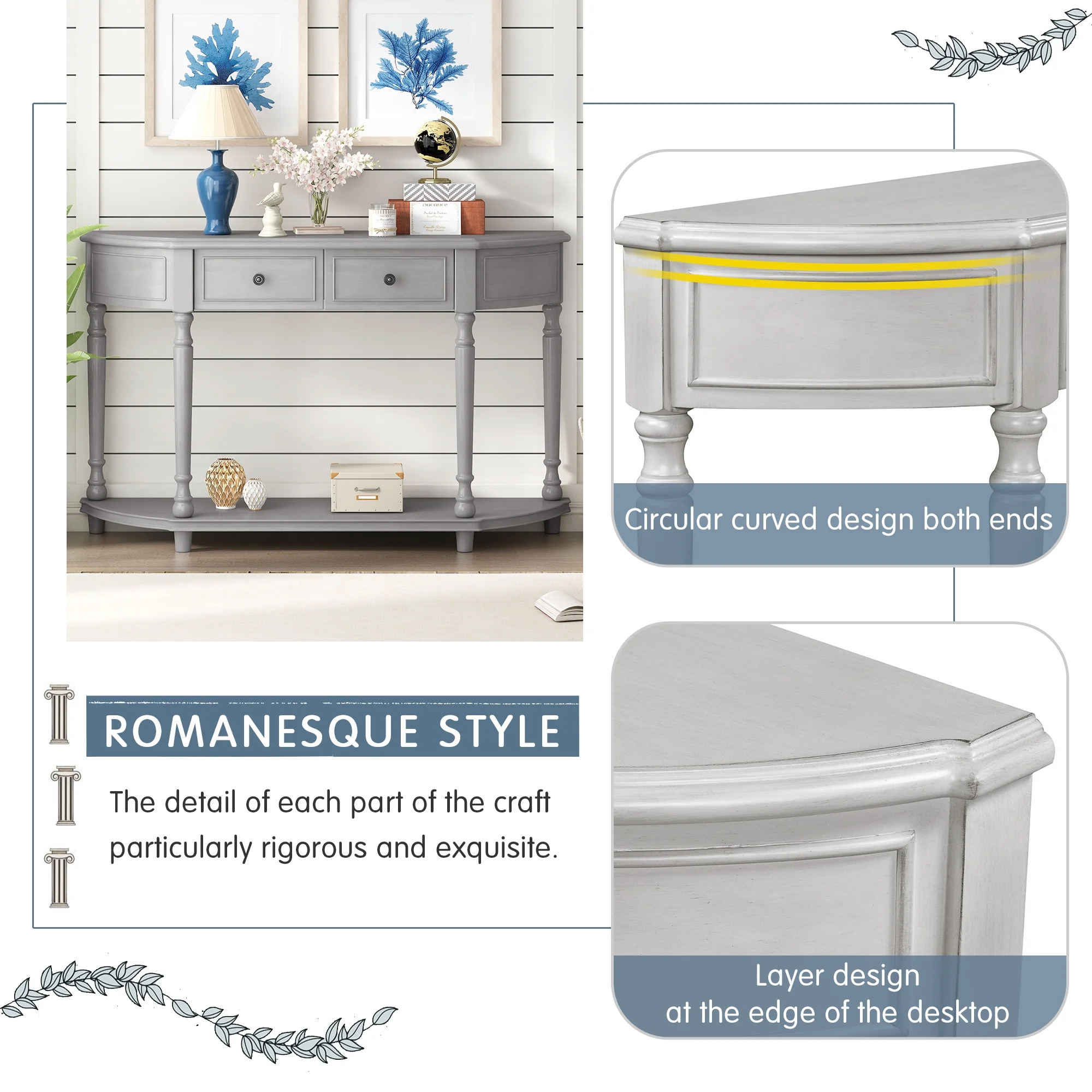 Retro Circular Curved Design Console Table with Open Style Shelf Solid Wooden Frame and Legs Two Top Drawers (Gray Wash, OLD SKU: WF298768AAE)